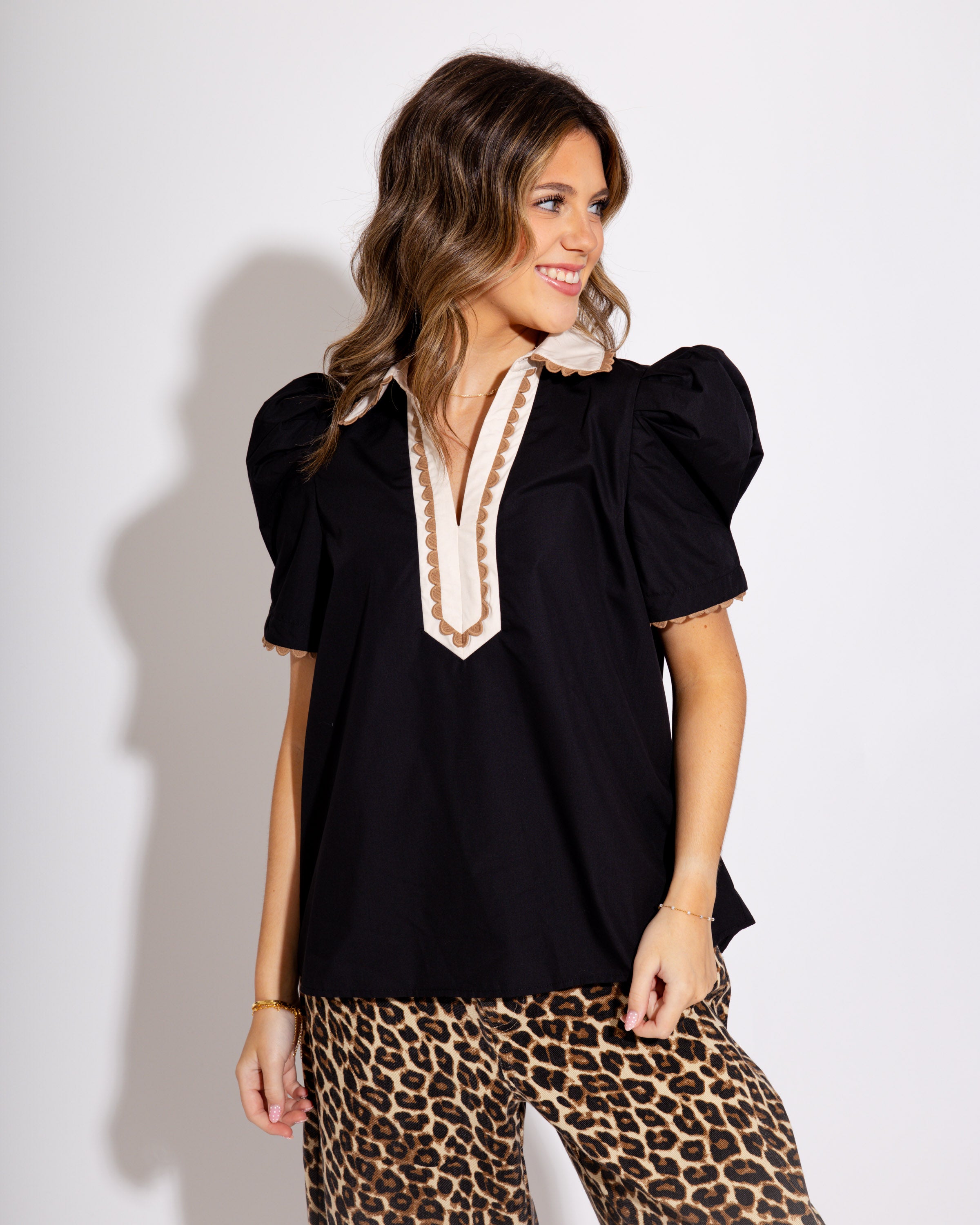 Puffed & Polished Popover Top in Black