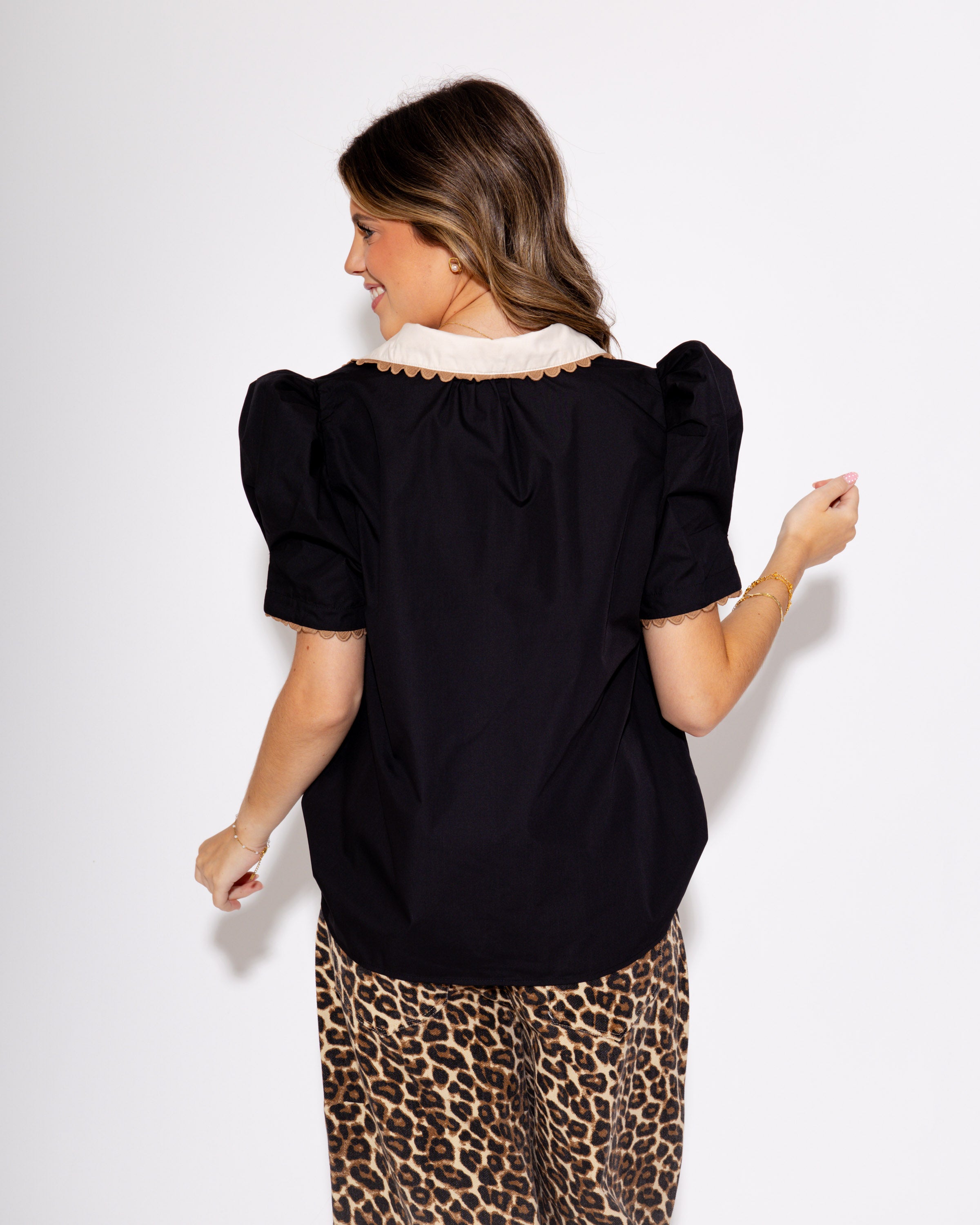 Puffed & Polished Popover Top in Black