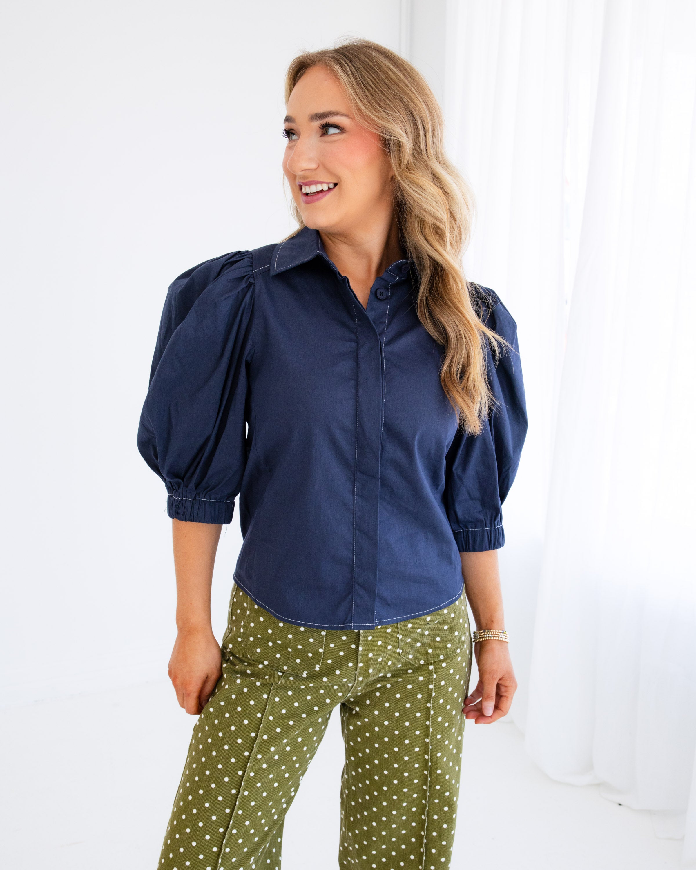 Elevated Puff Sleeve Button Up Top