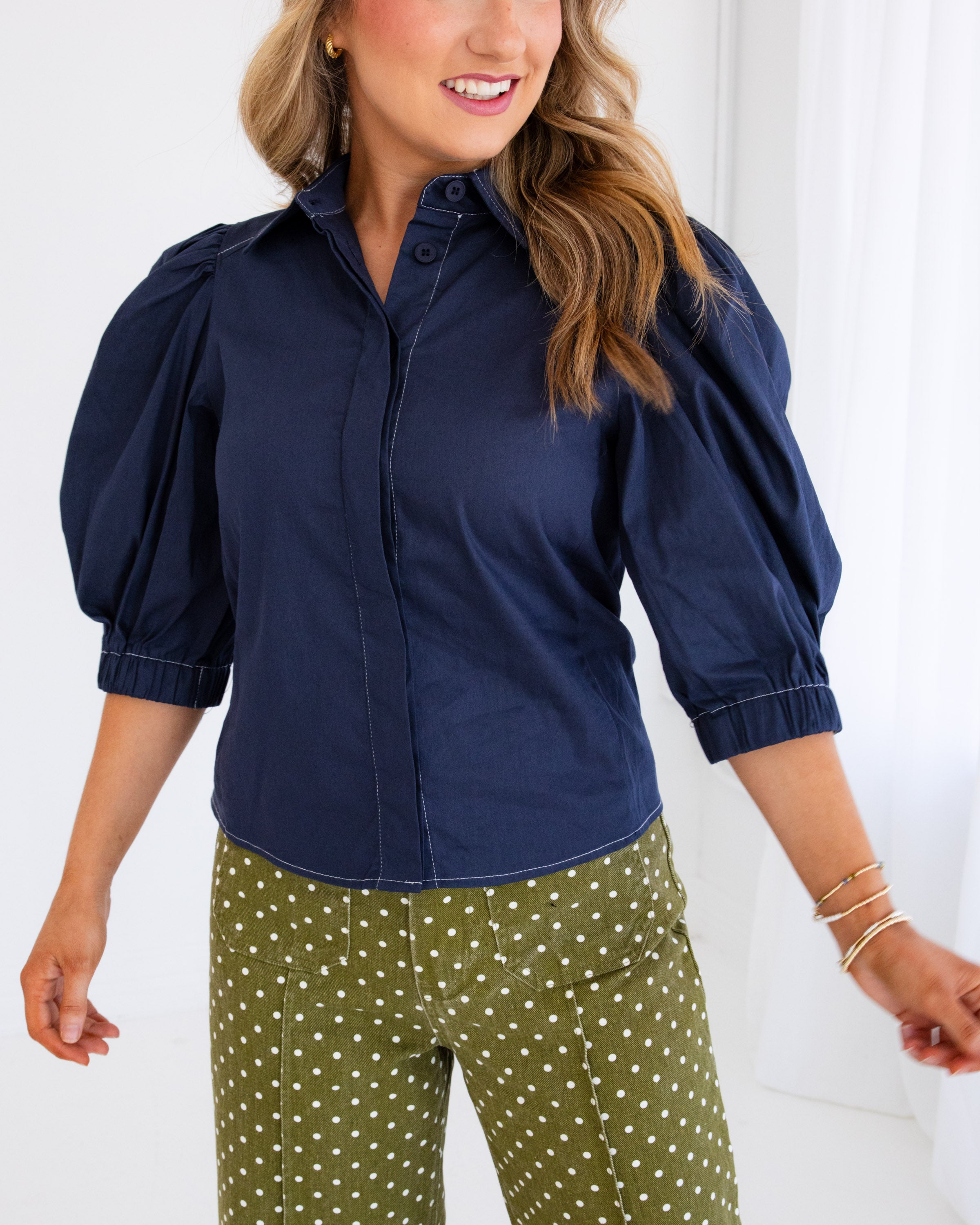 Elevated Puff Sleeve Button Up Top