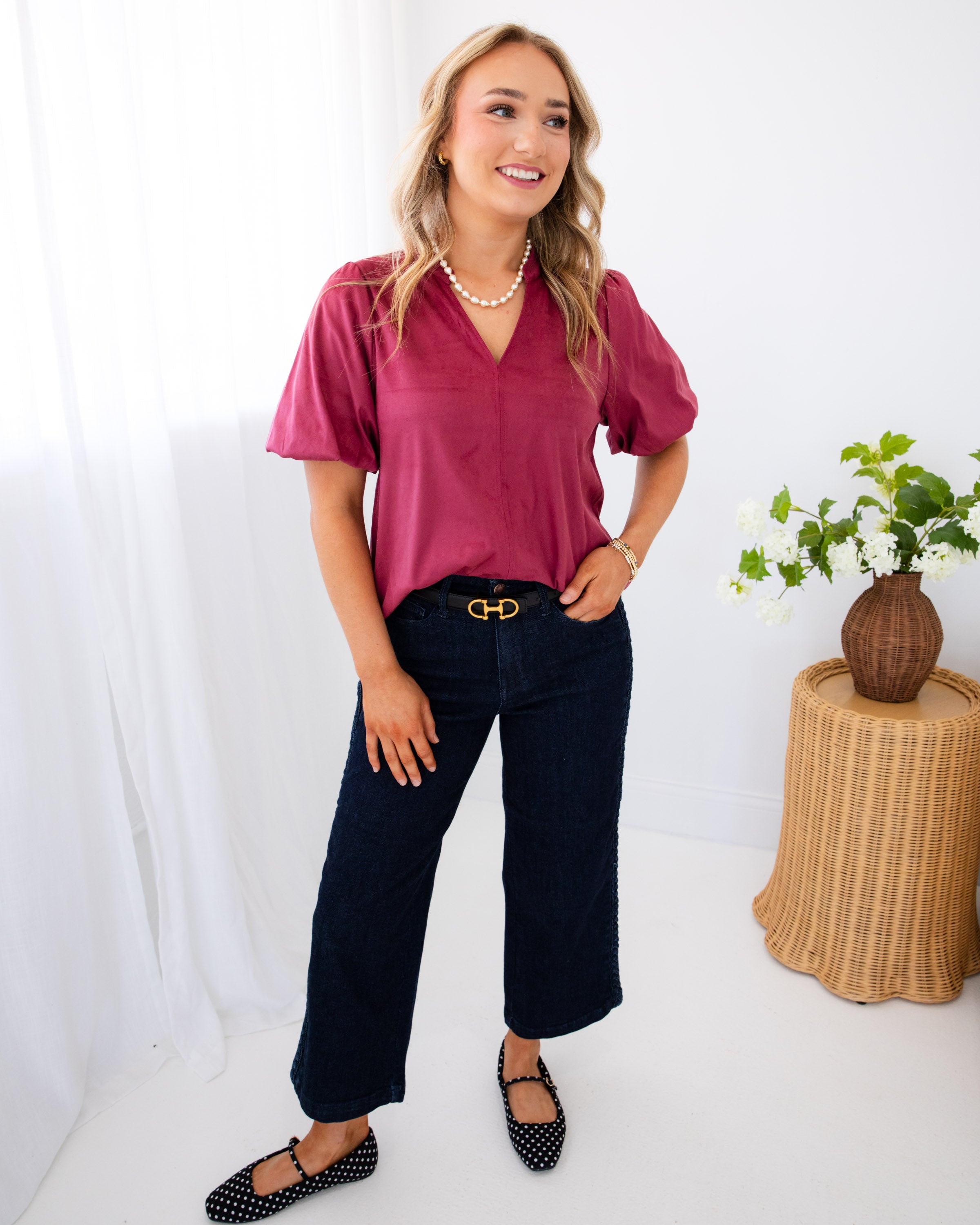 Ivy Jane | Faux Suede Poof Sleeve Top in Wine