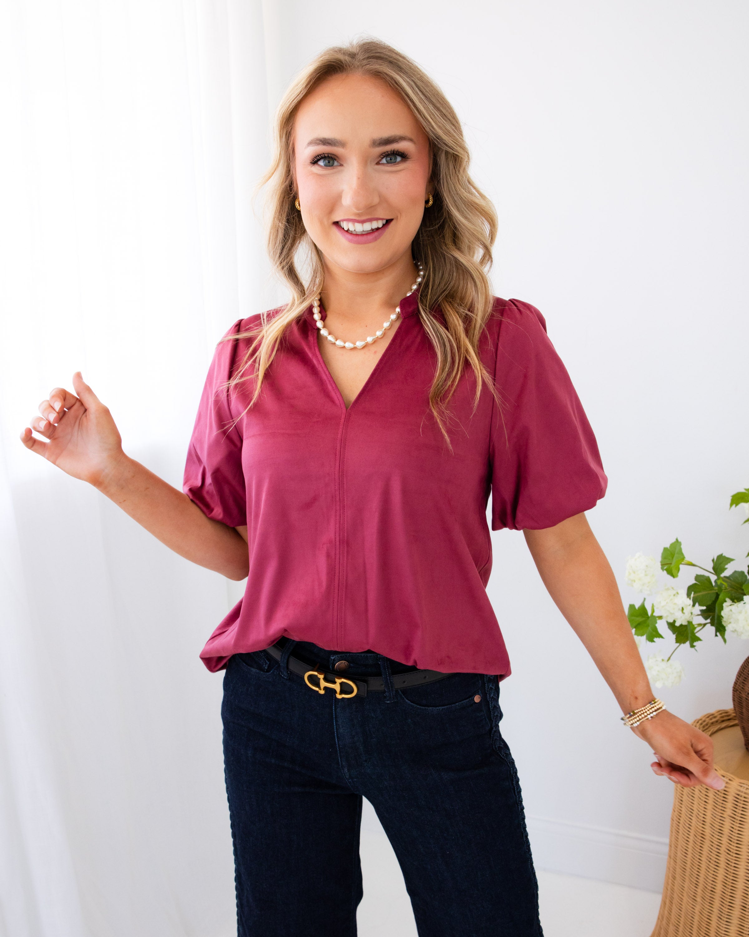 Ivy Jane | Faux Suede Poof Sleeve Top in Wine