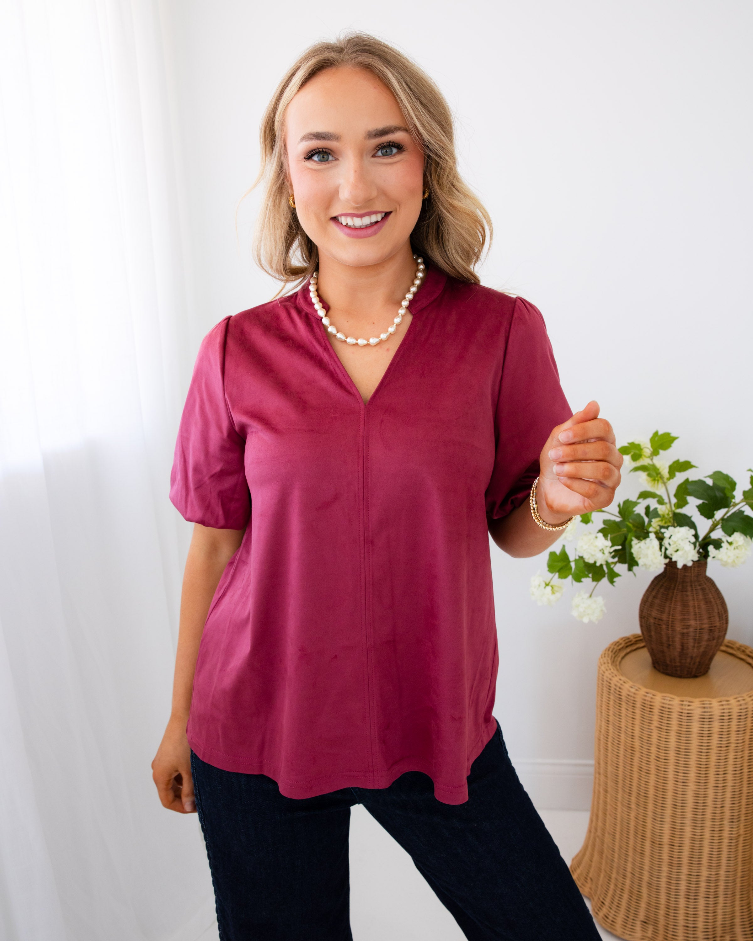 Ivy Jane | Faux Suede Poof Sleeve Top in Wine