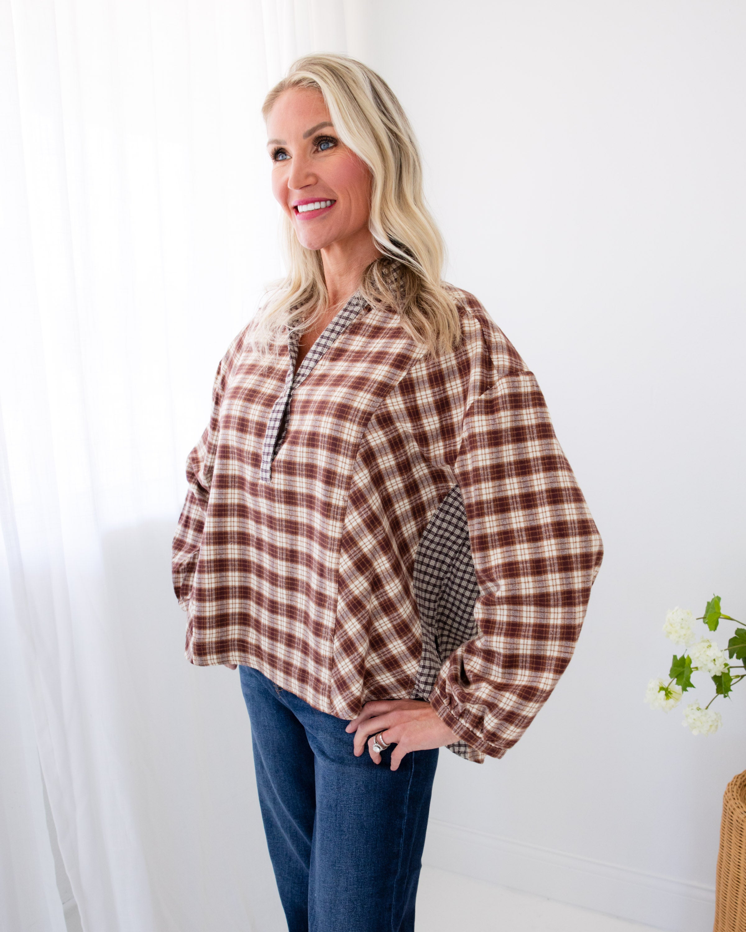 Mixed Plaid Pullover Top in Brown