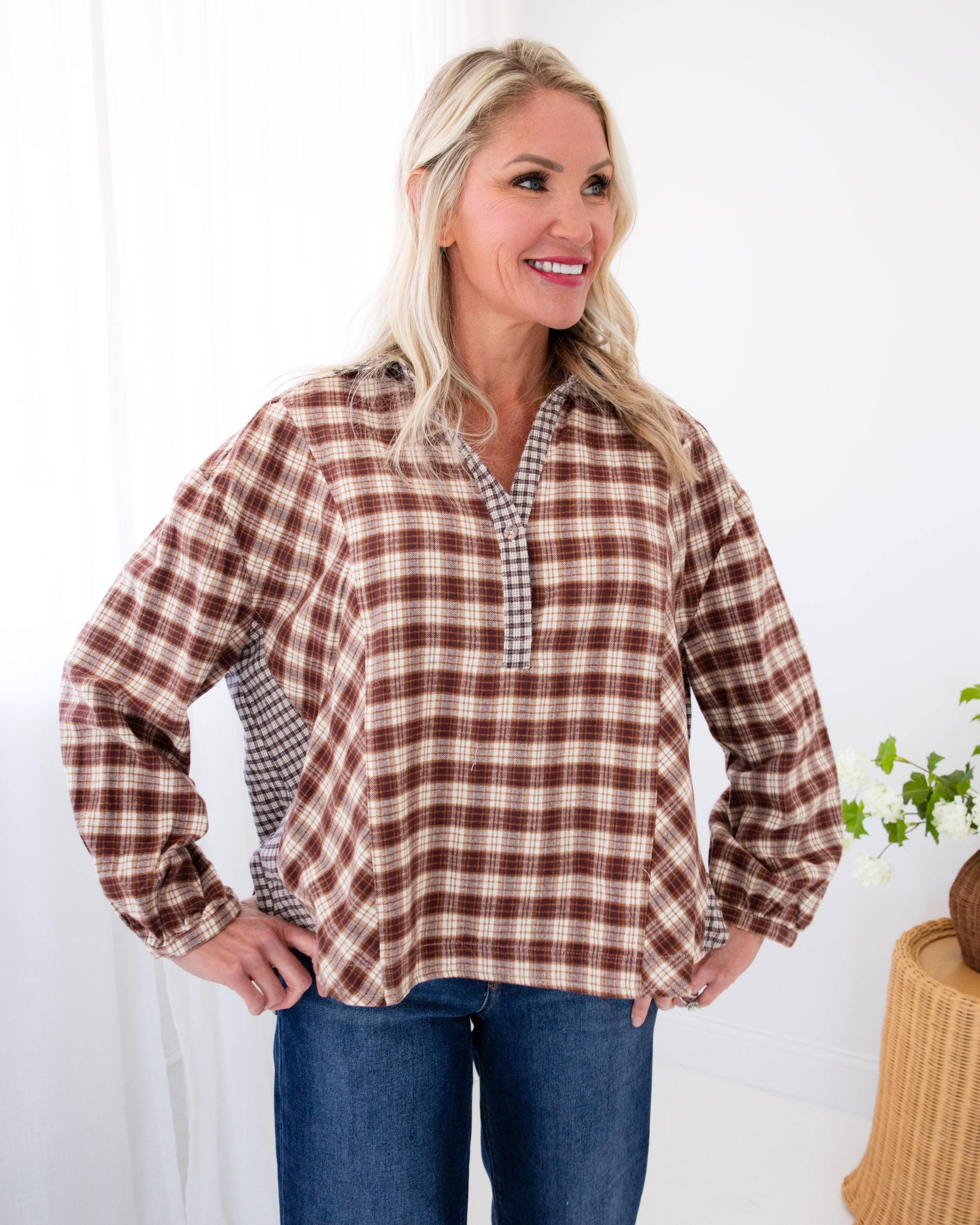 Mixed Plaid Pullover Top in Brown