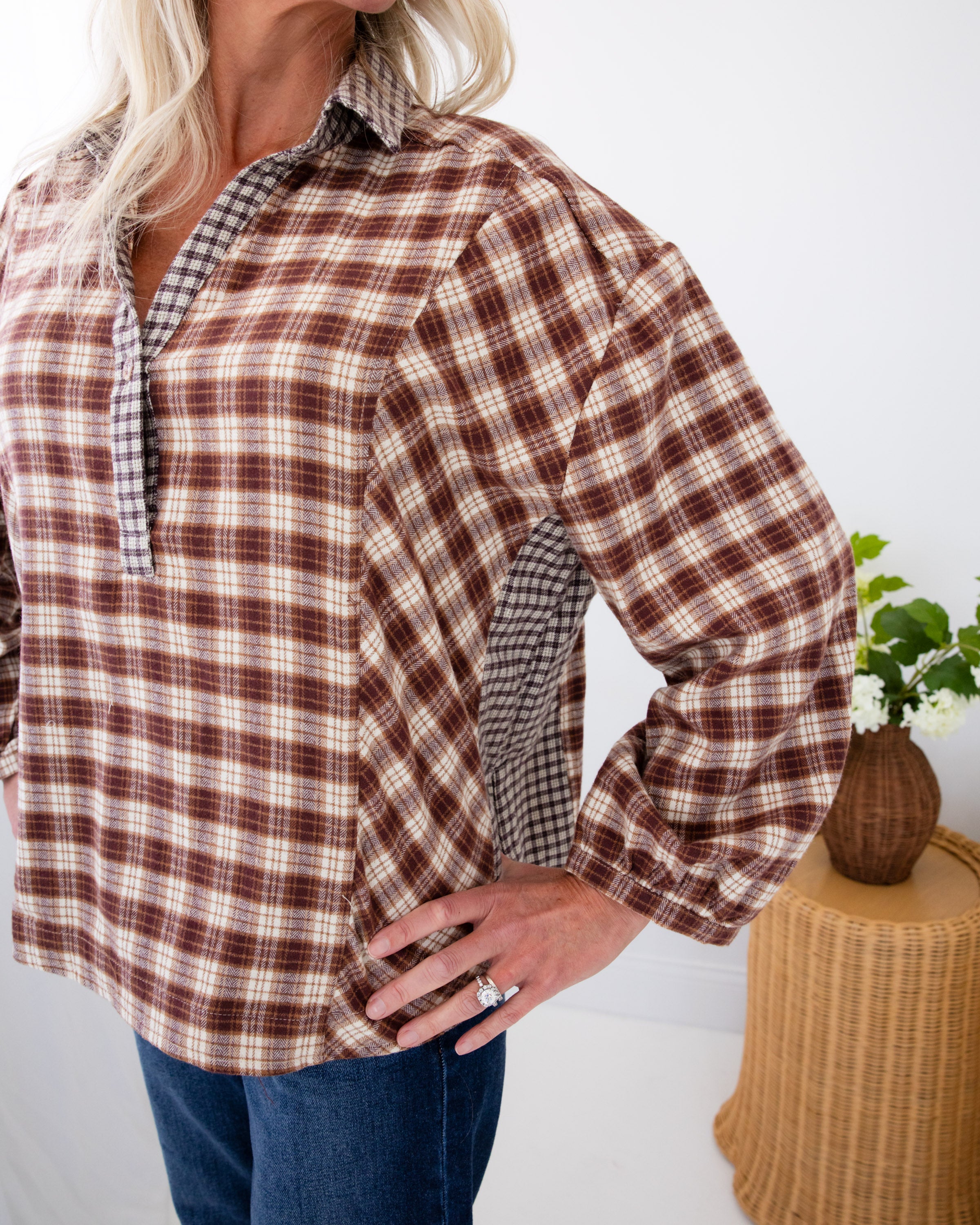 Mixed Plaid Pullover Top in Brown