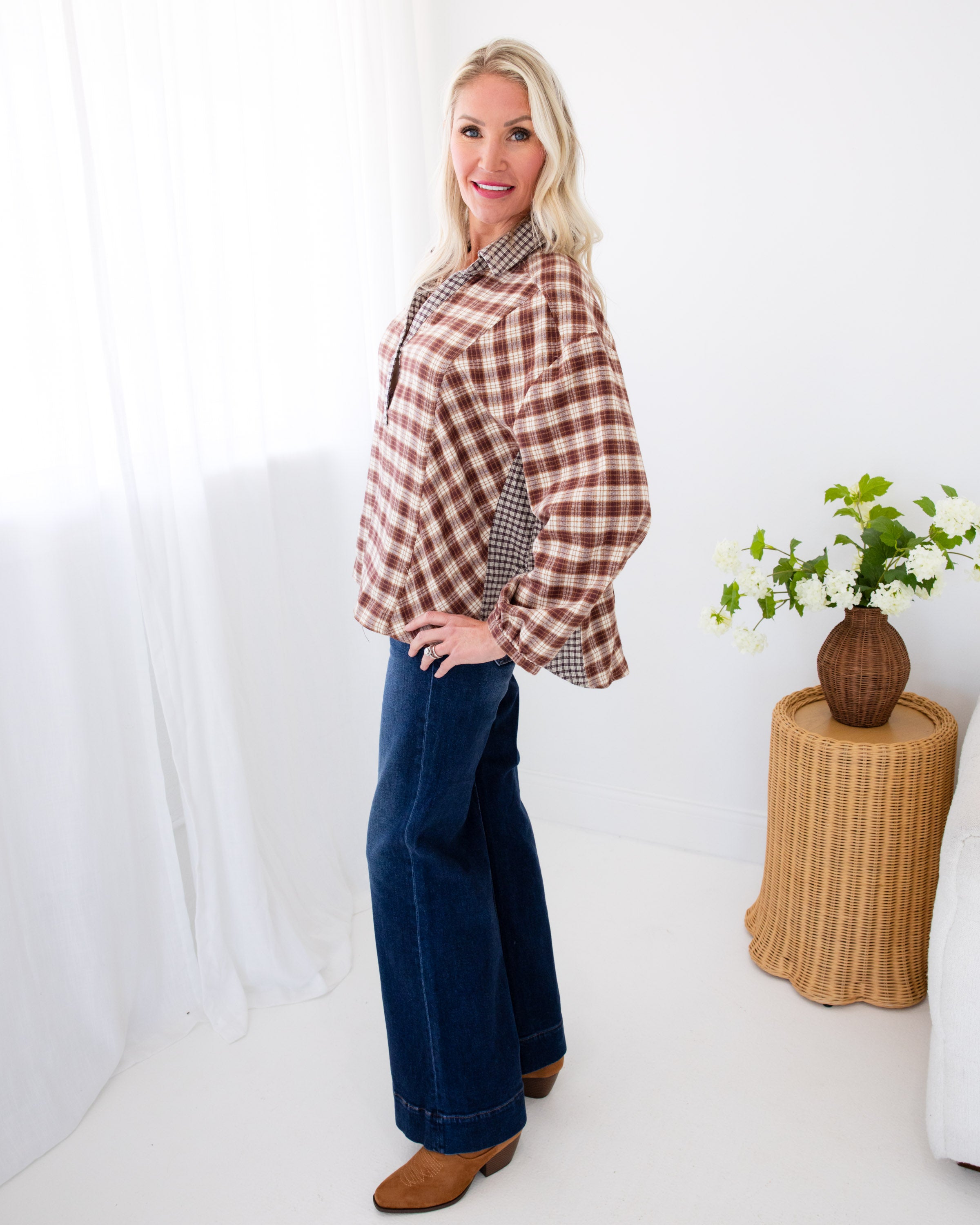 Mixed Plaid Pullover Top in Brown