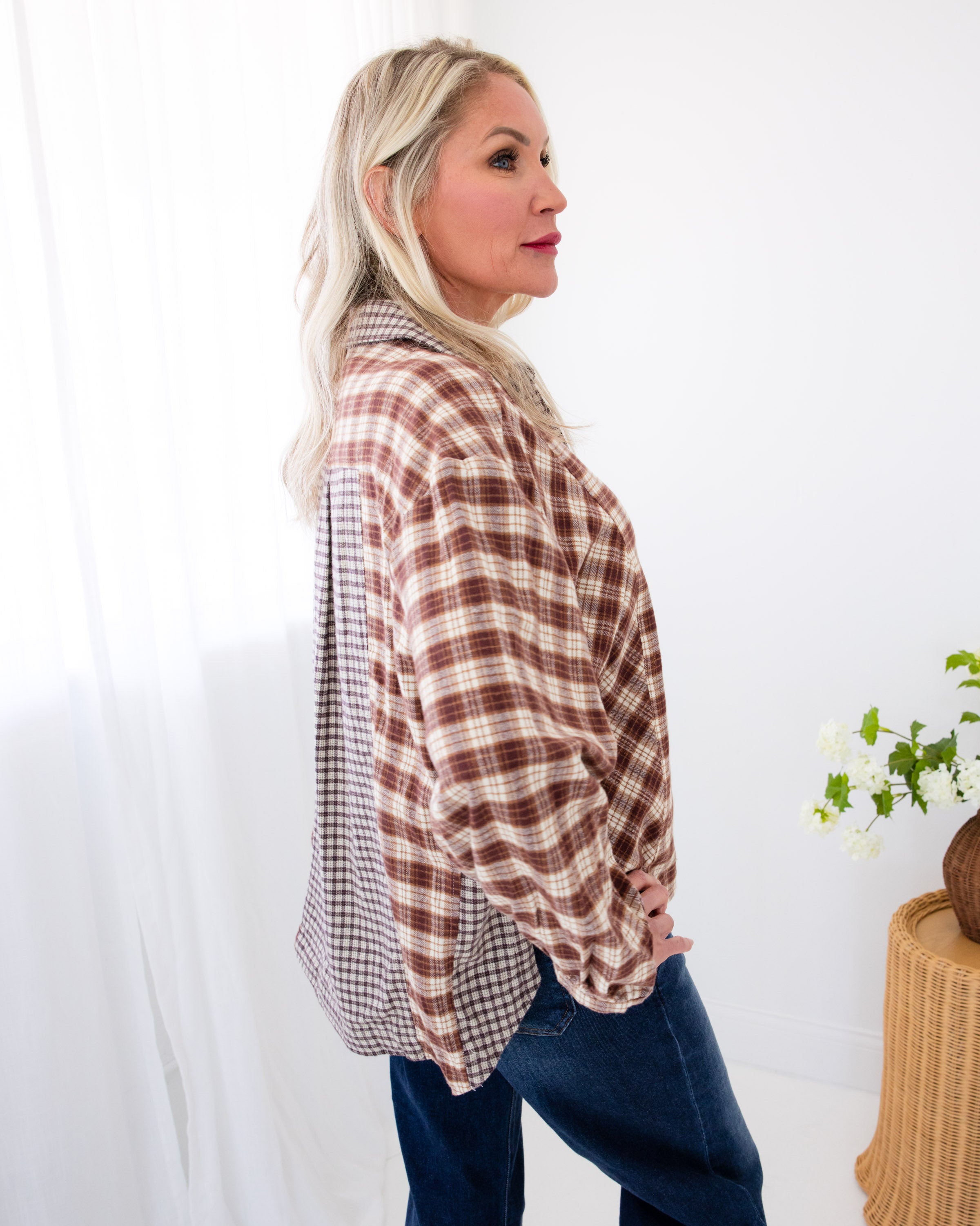 Mixed Plaid Pullover Top in Brown