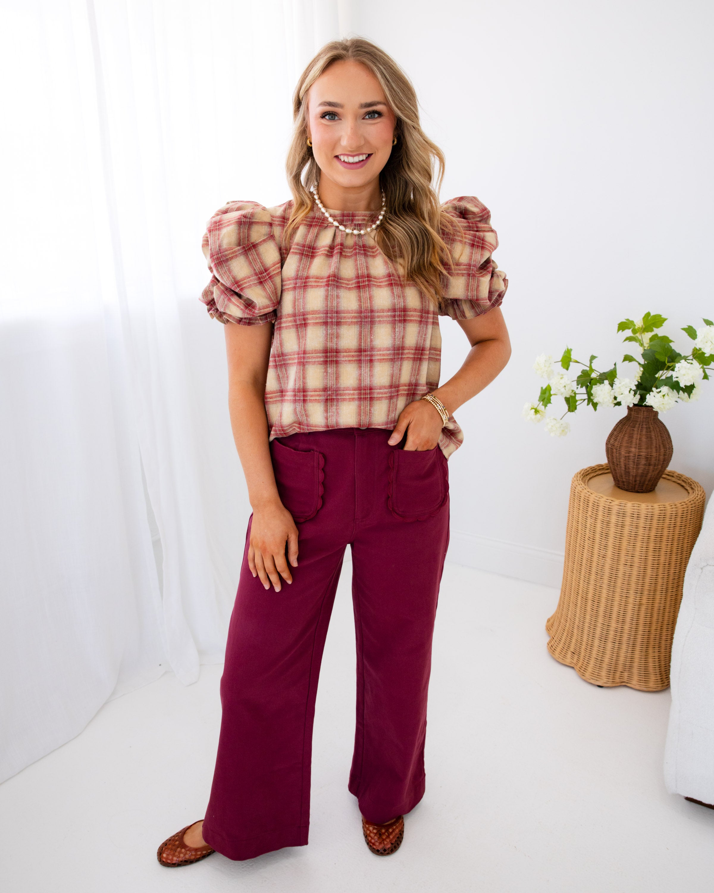 Ruched Puff Sleeve Plaid Top