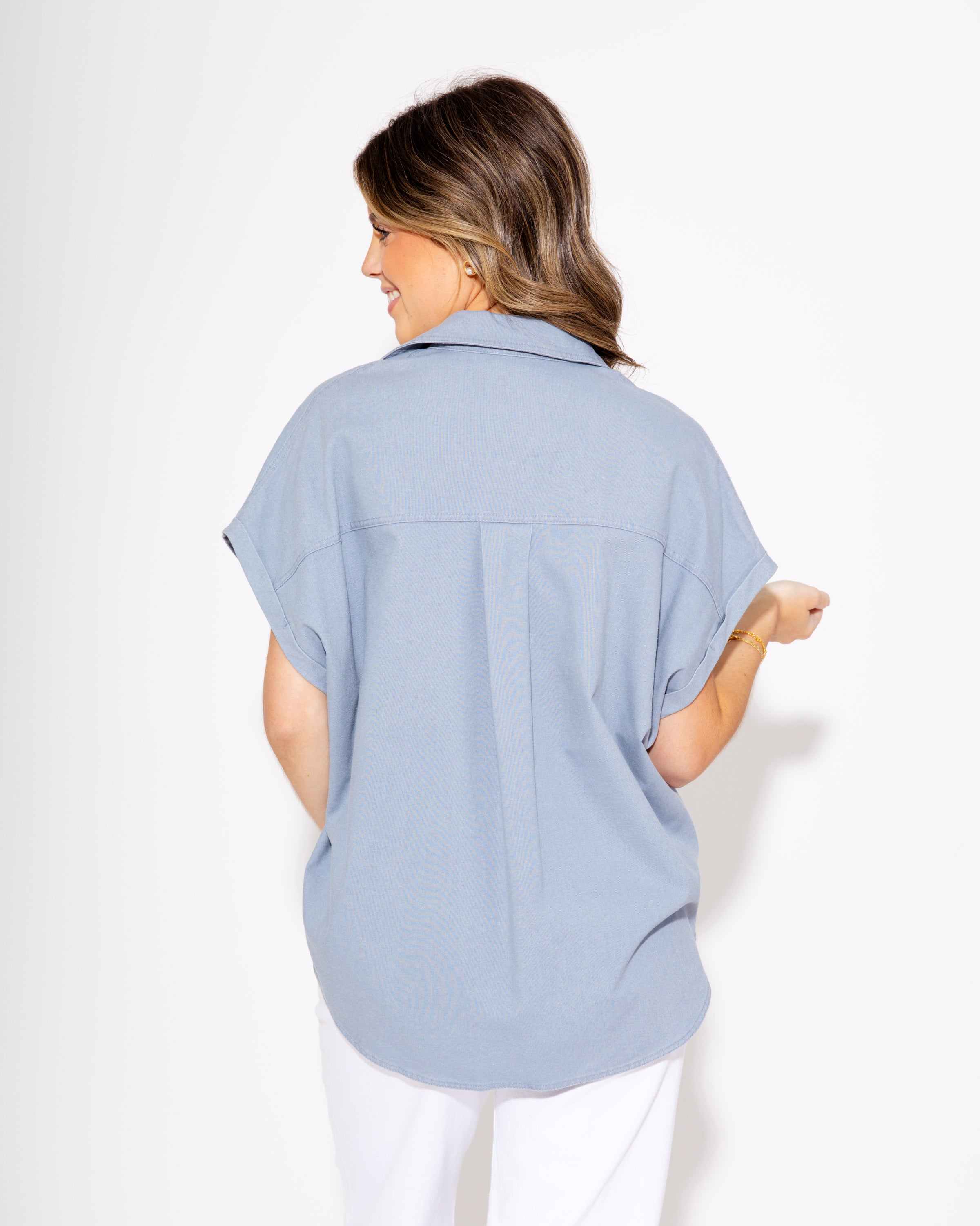 Button Up Basic Drop Shoulder Top in Blue