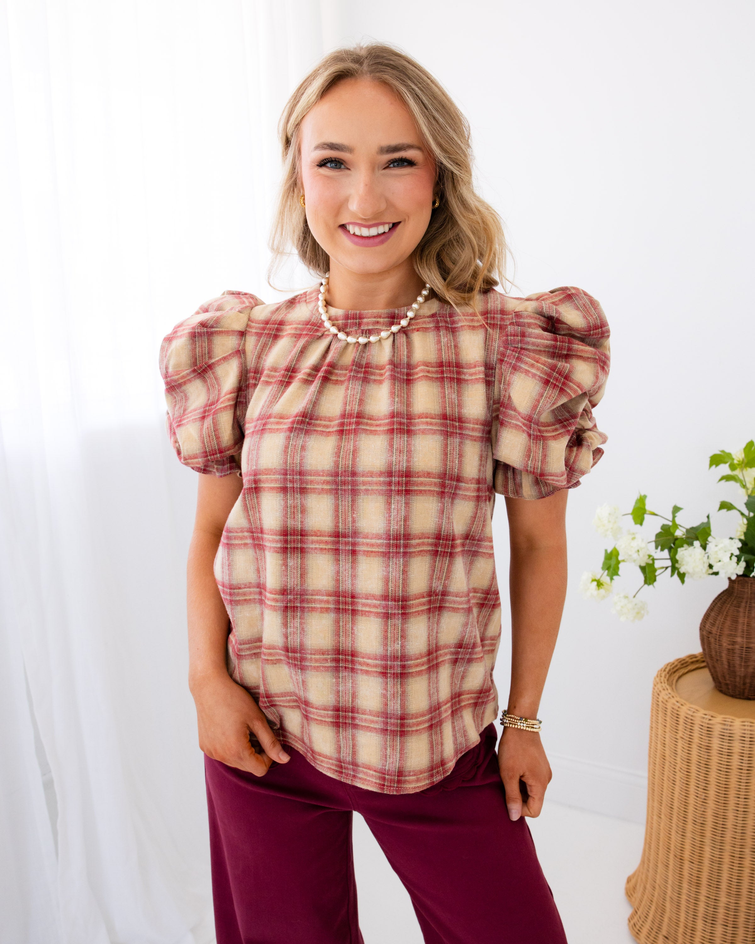 Ruched Puff Sleeve Plaid Top