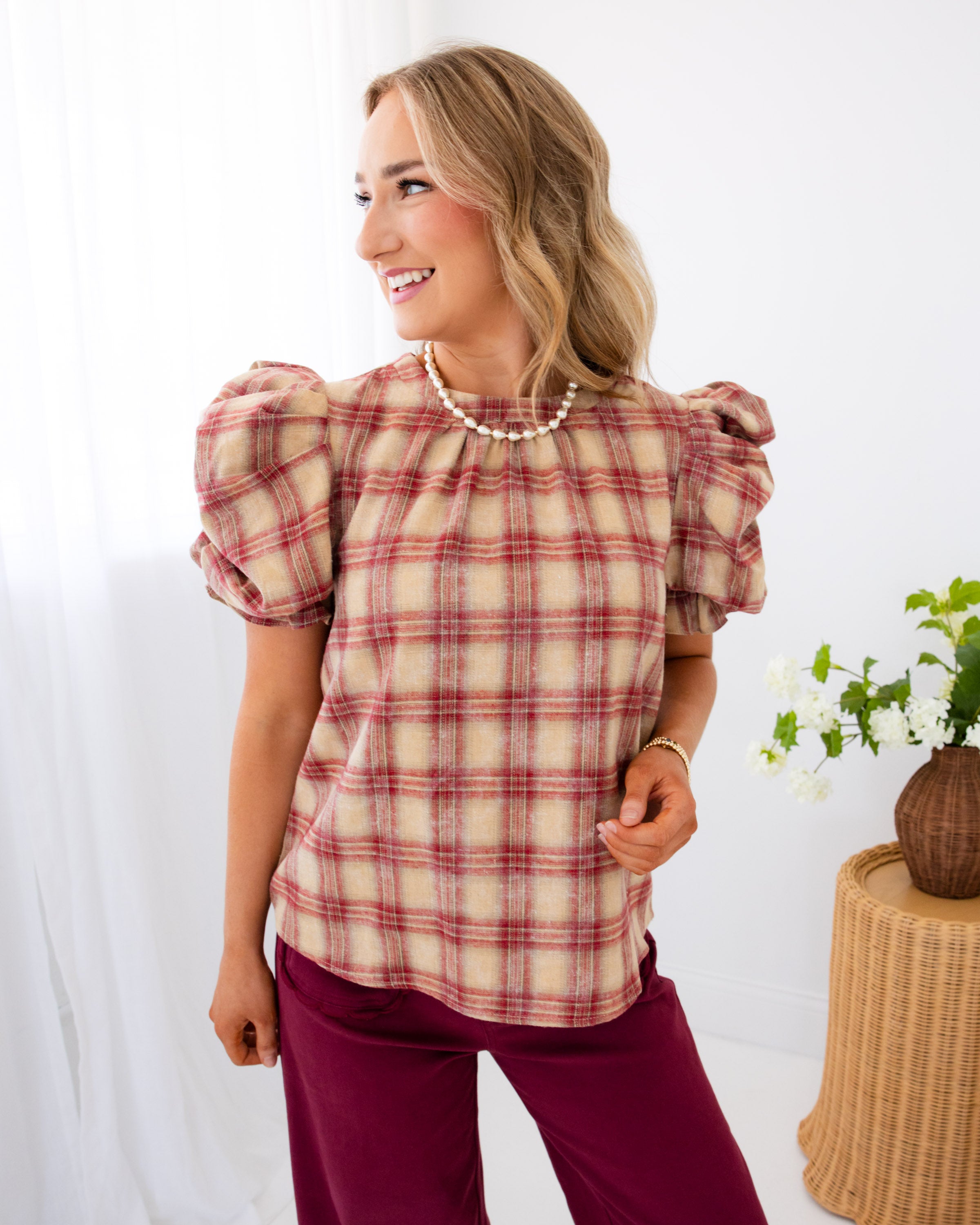 Ruched Puff Sleeve Plaid Top