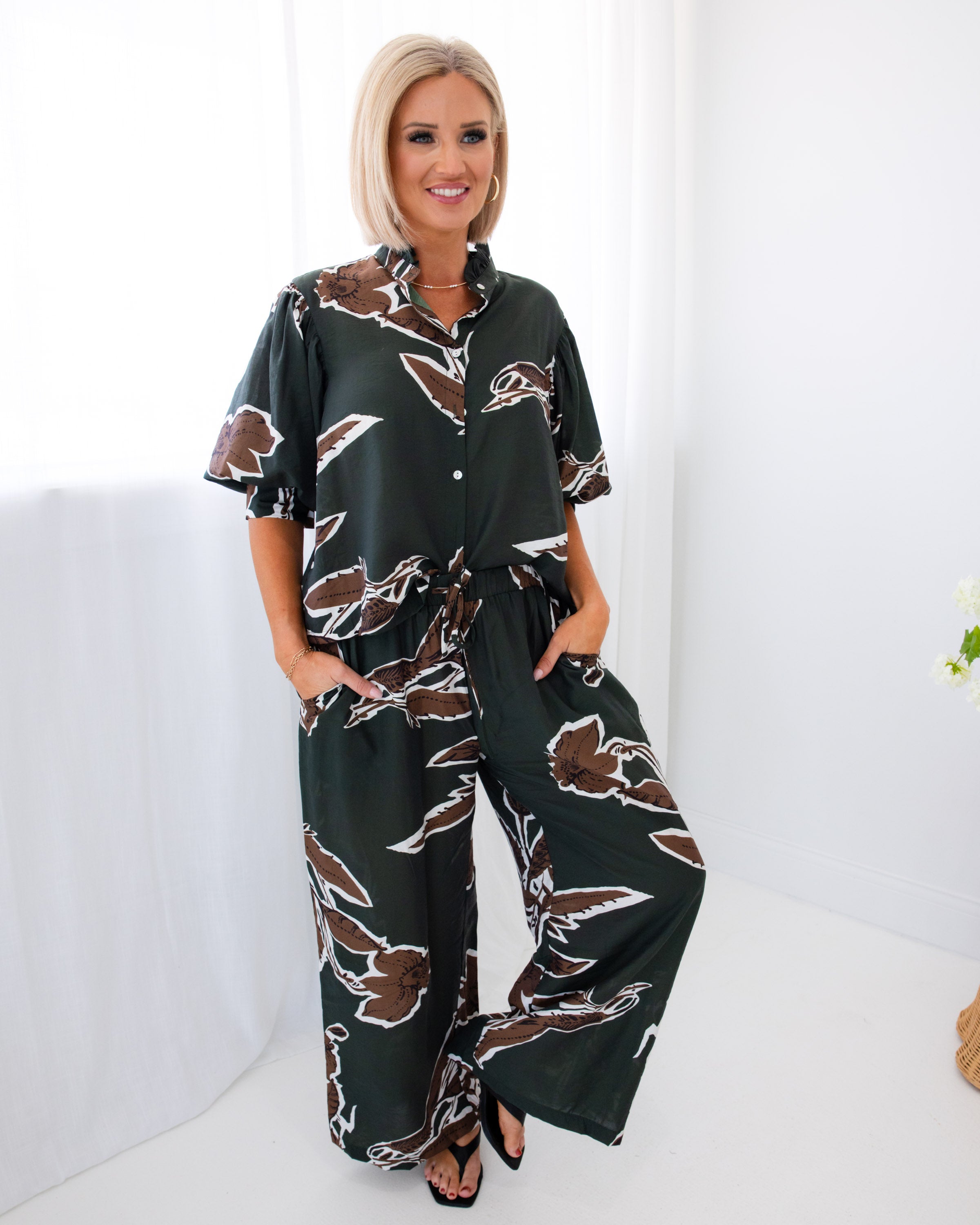 Leaf Print Button-Up Top & Pants Set