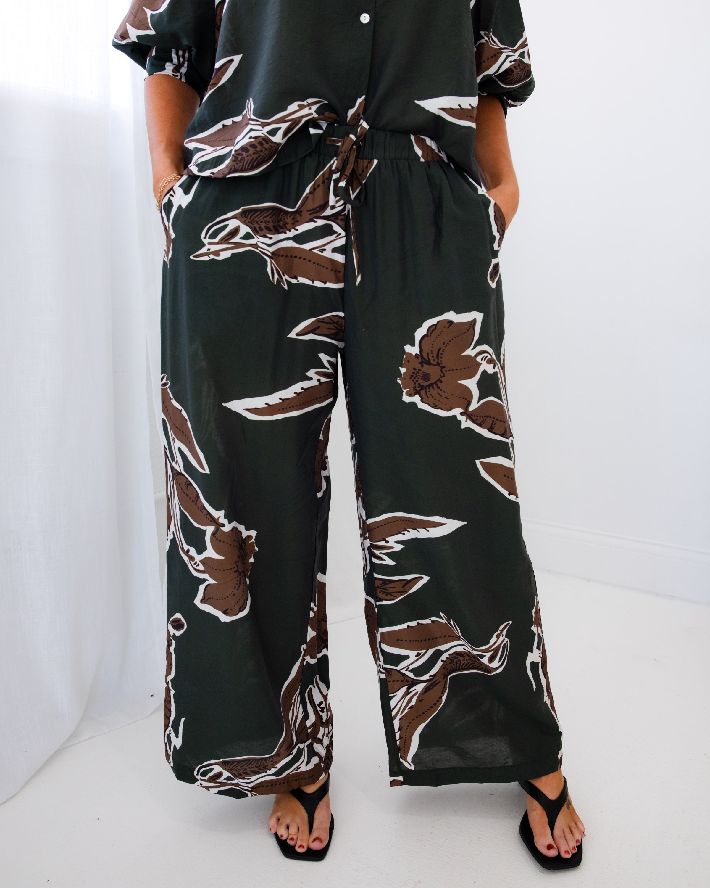 Leaf Print Button-Up Top & Pants Set