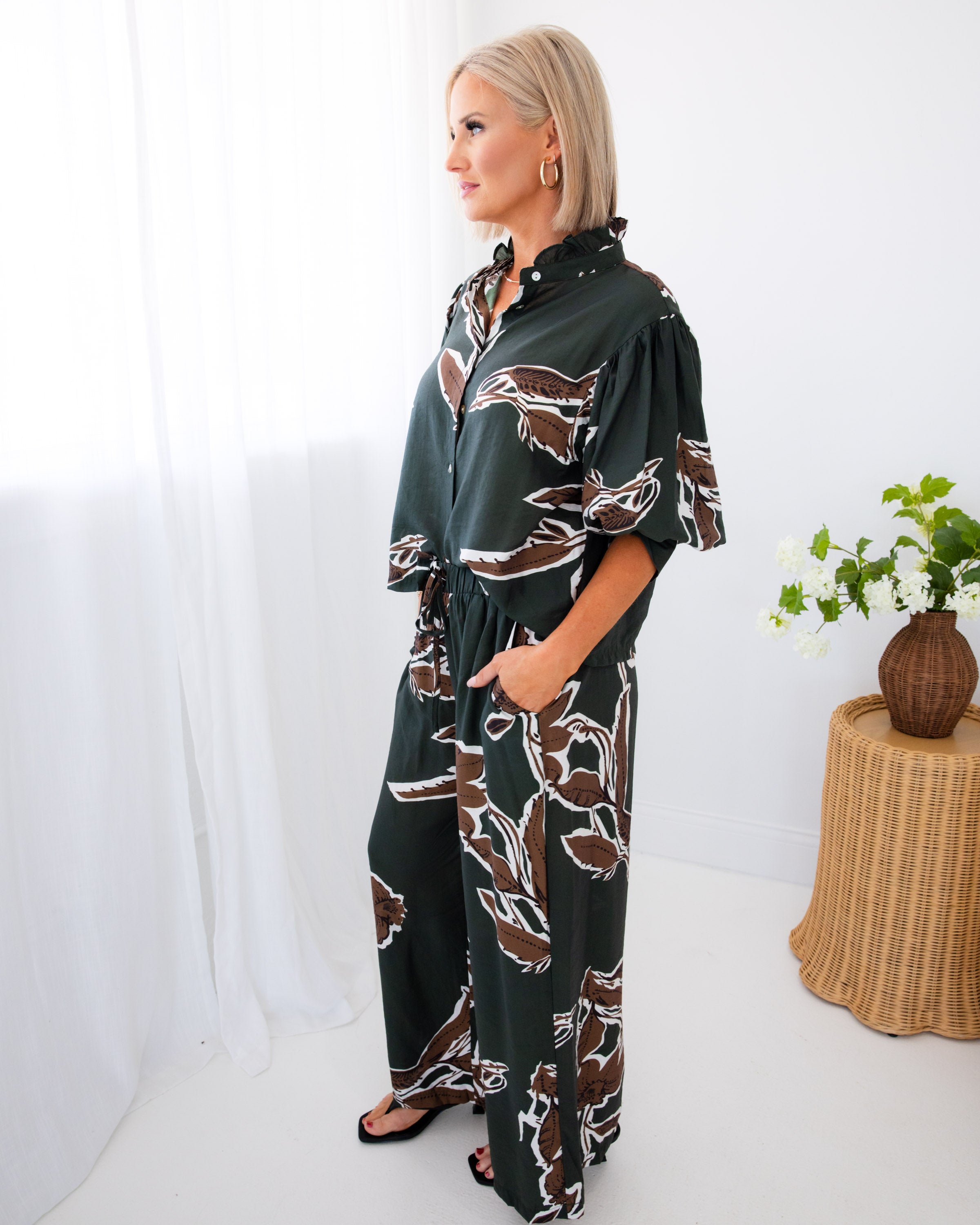 Leaf Print Button-Up Top & Pants Set