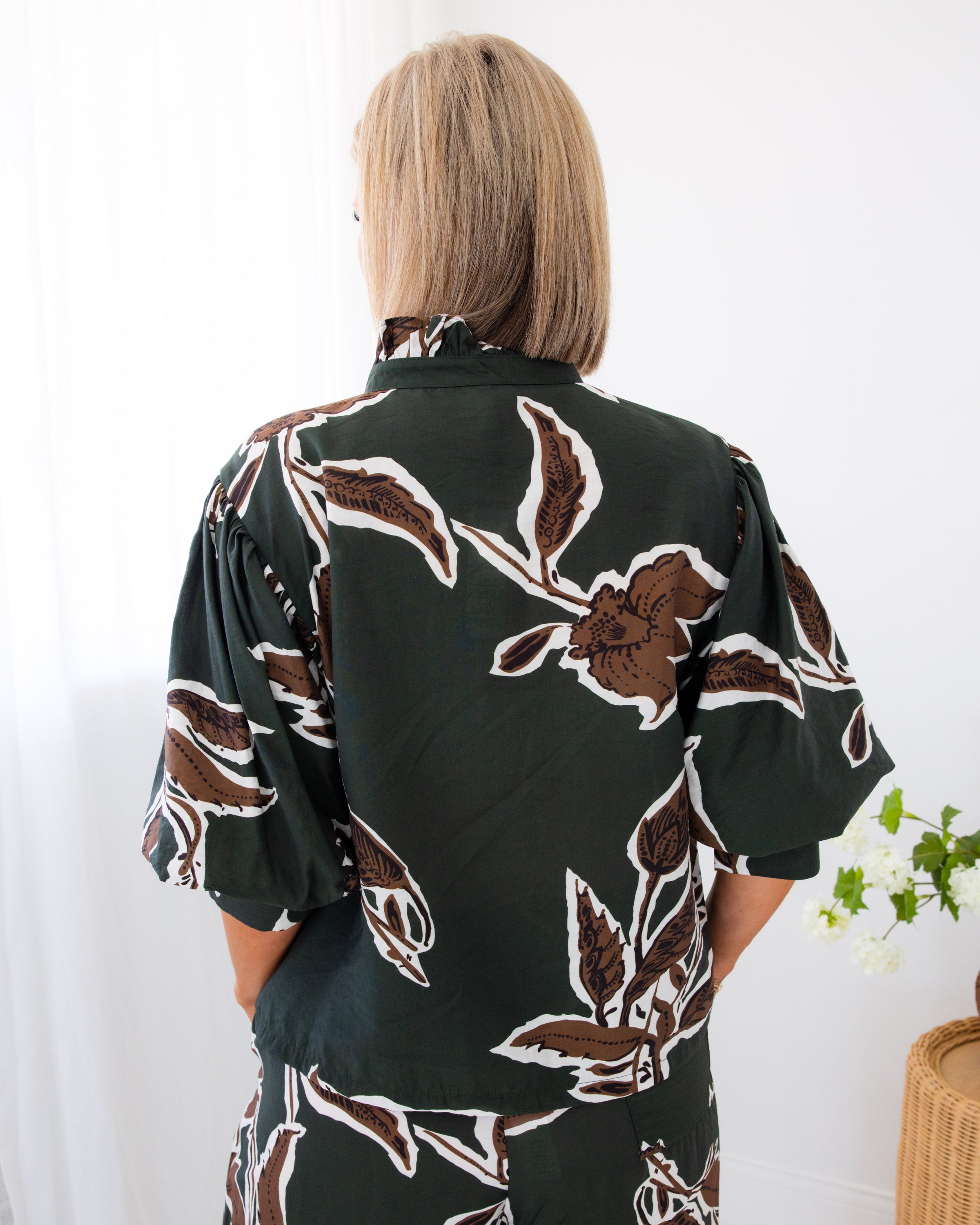 Leaf Print Button-Up Top & Pants Set