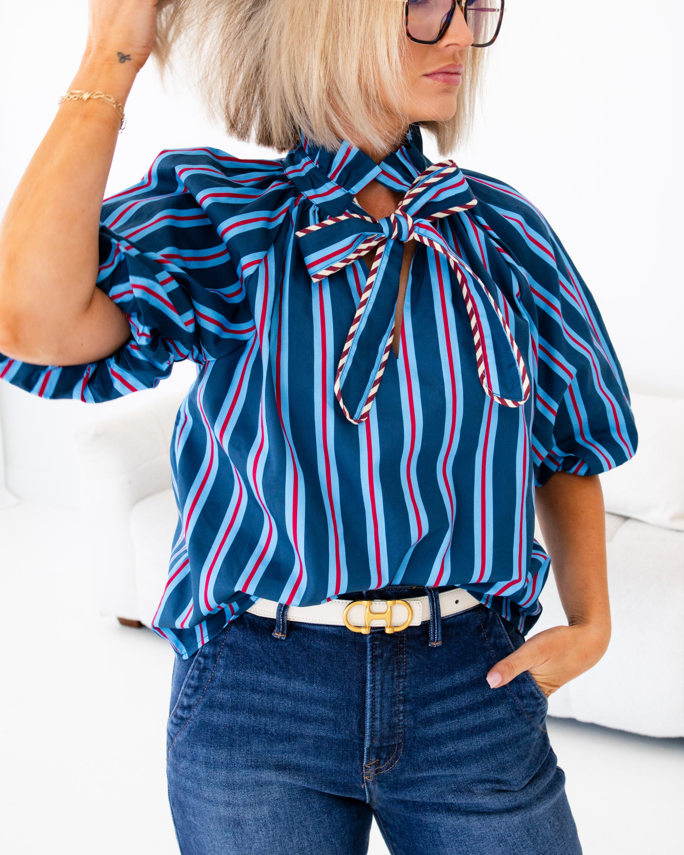 Stripe Tie Neck Puff Sleeve Top