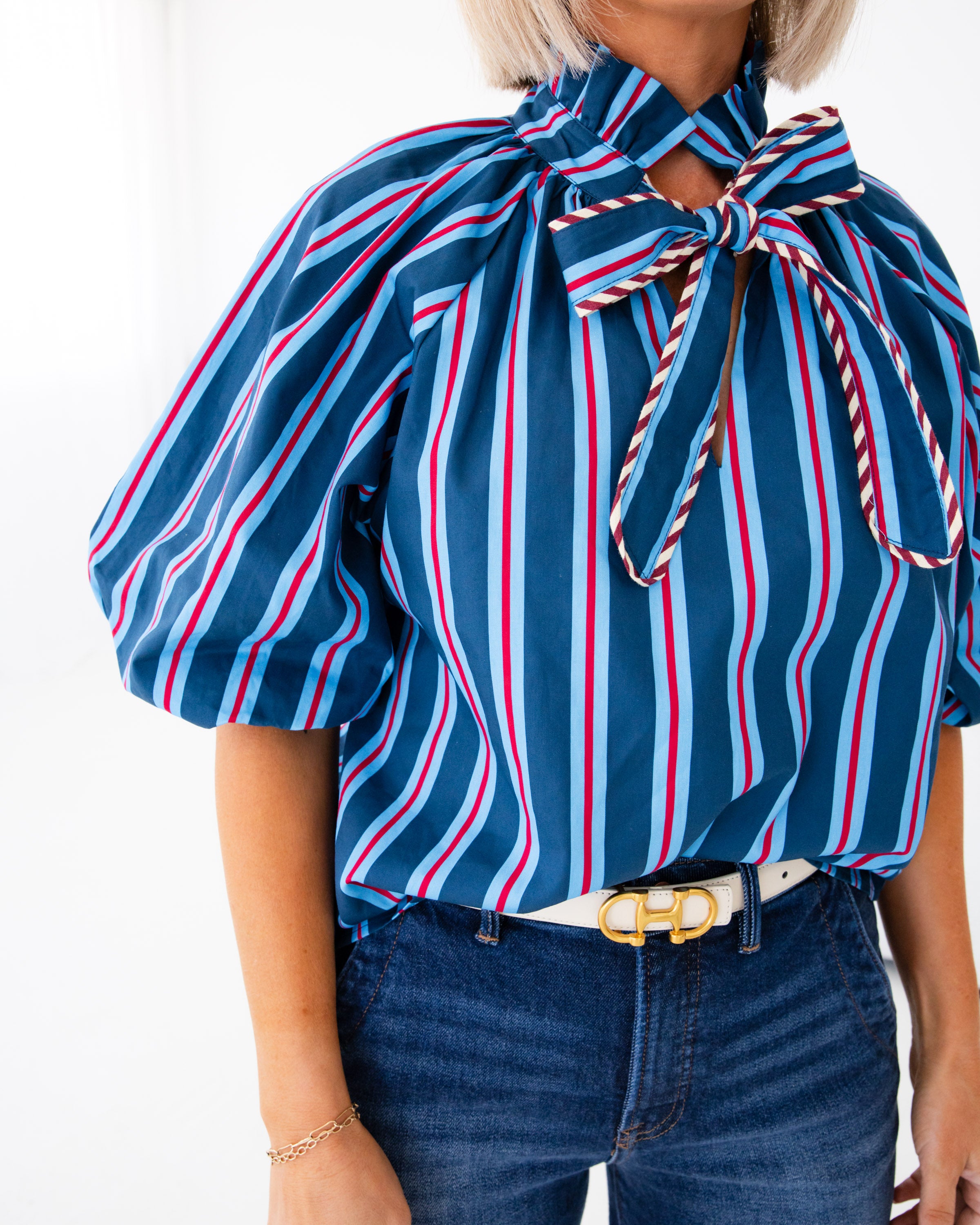 Stripe Tie Neck Puff Sleeve Top