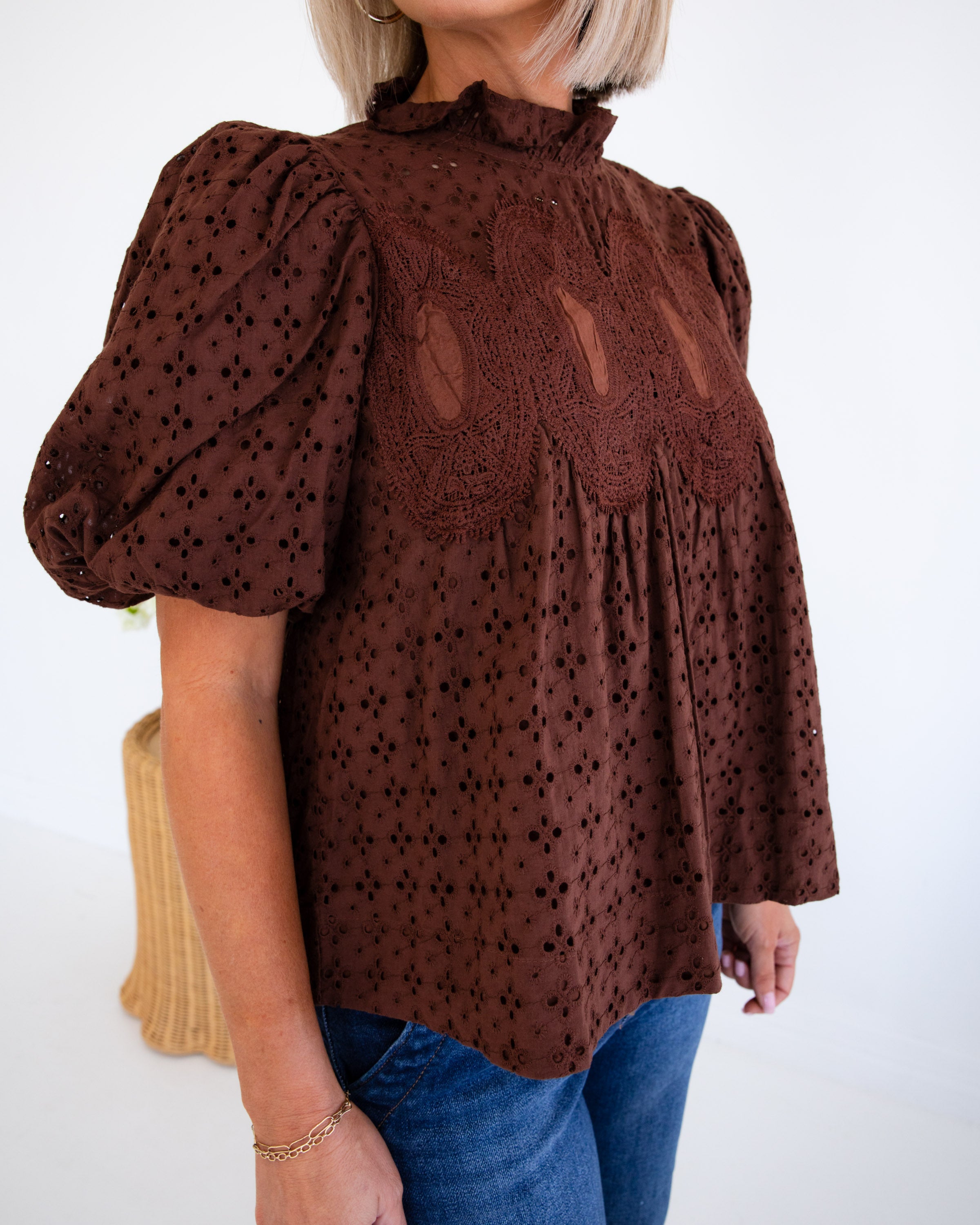 Crochet Trim Eyelet Top in Brown
