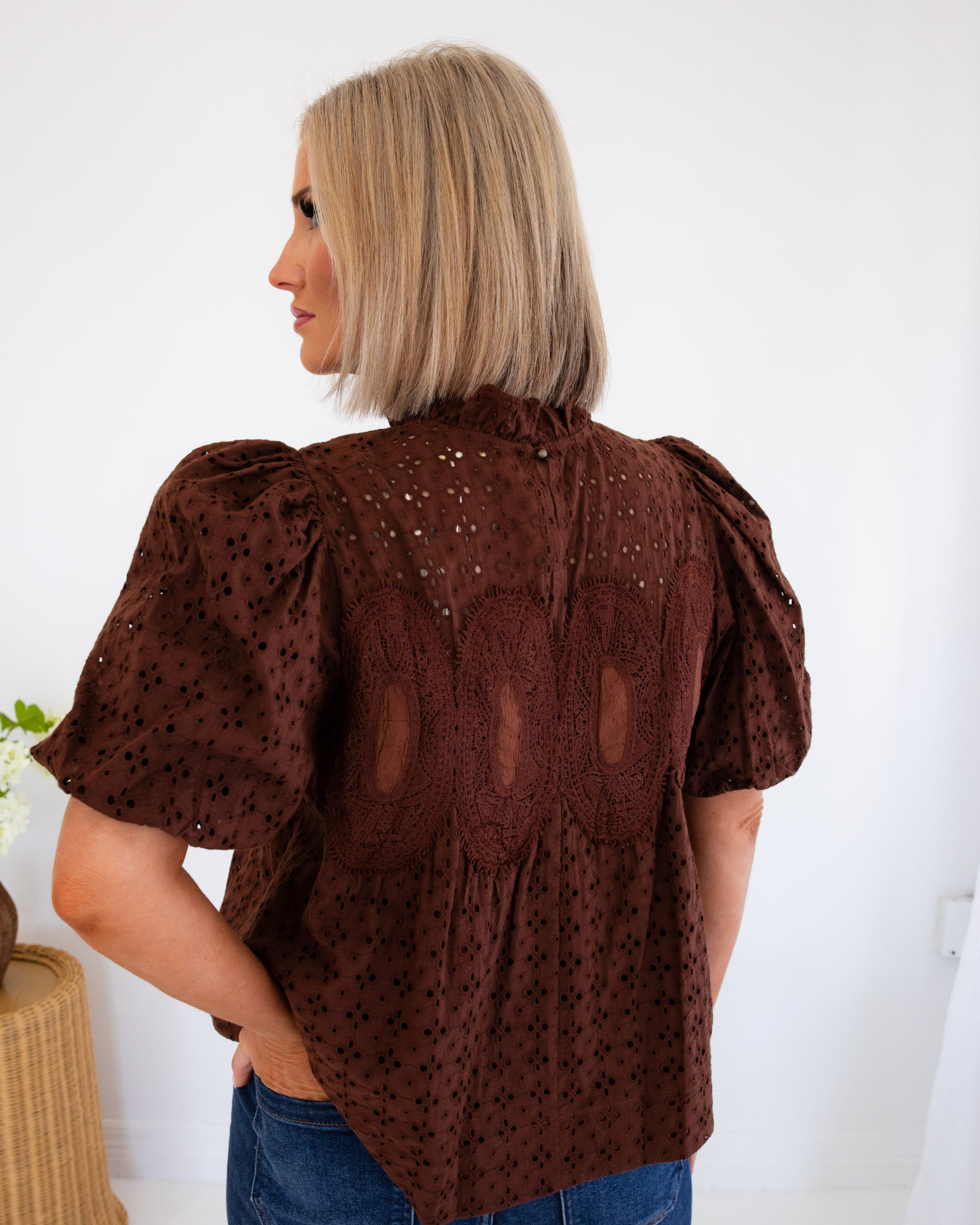 Crochet Trim Eyelet Top in Brown