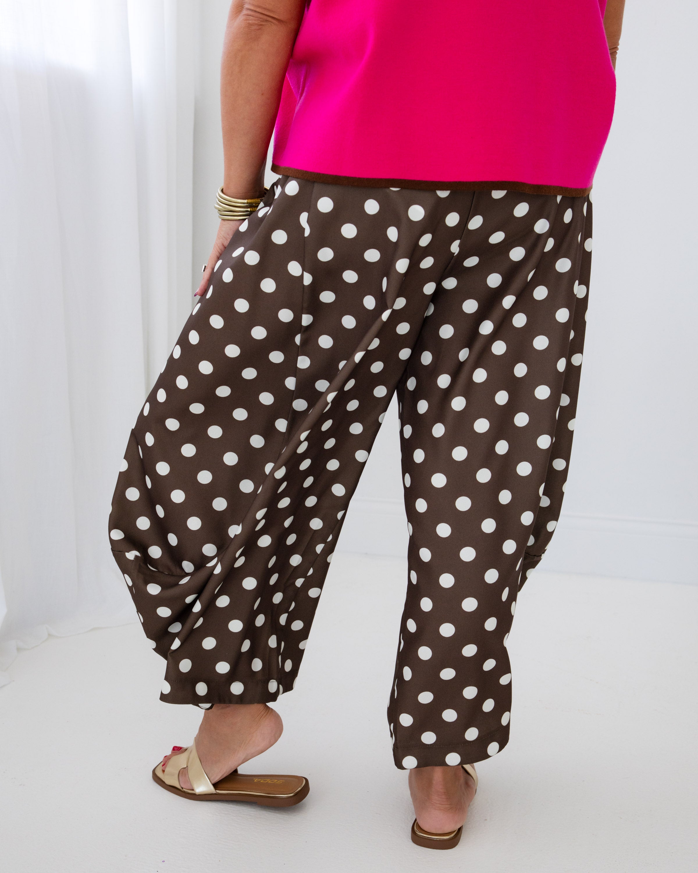 Playful Polka Dot Wide-Leg Pants in Brown