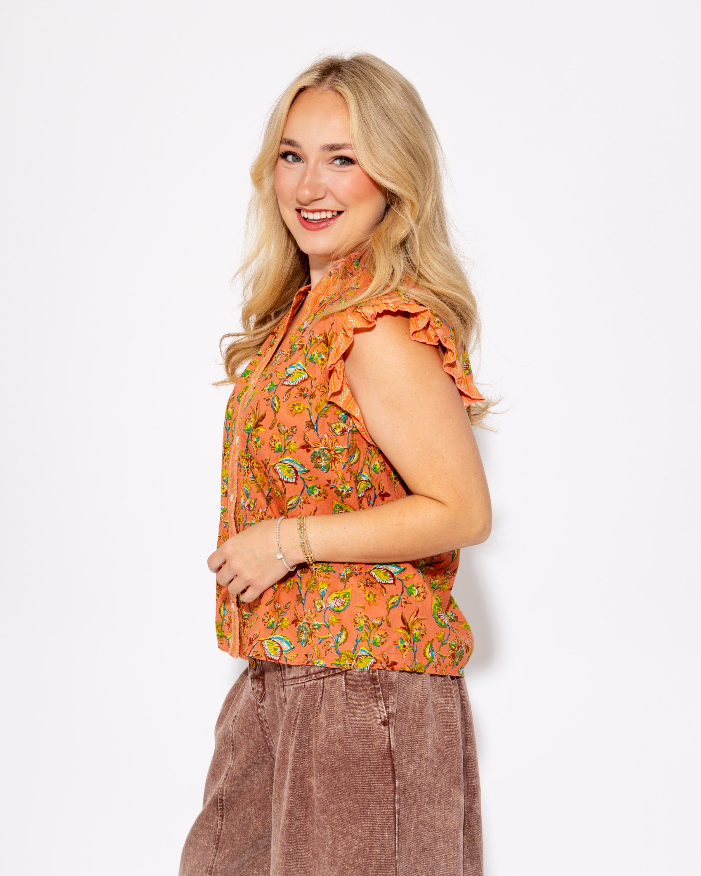 Coral Floral Crush Ruffle Top