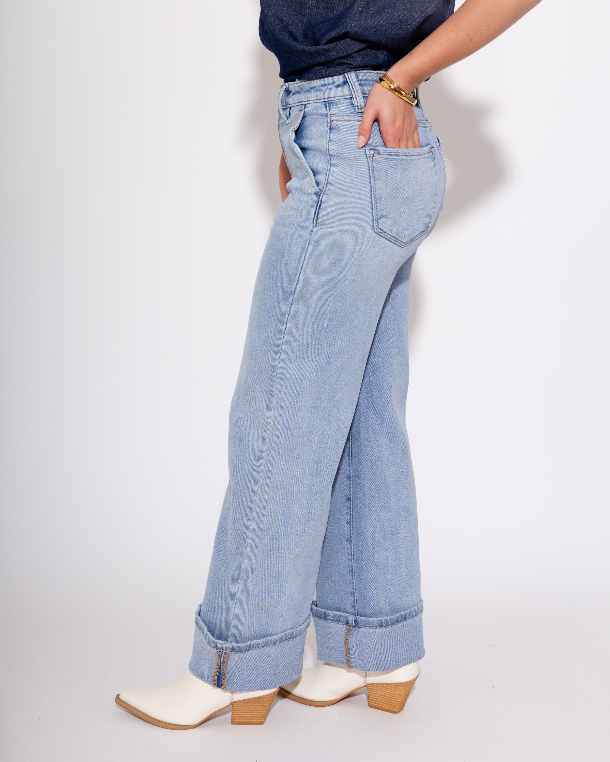 High Rise Ankle Wide Cuffed Jeans in Light