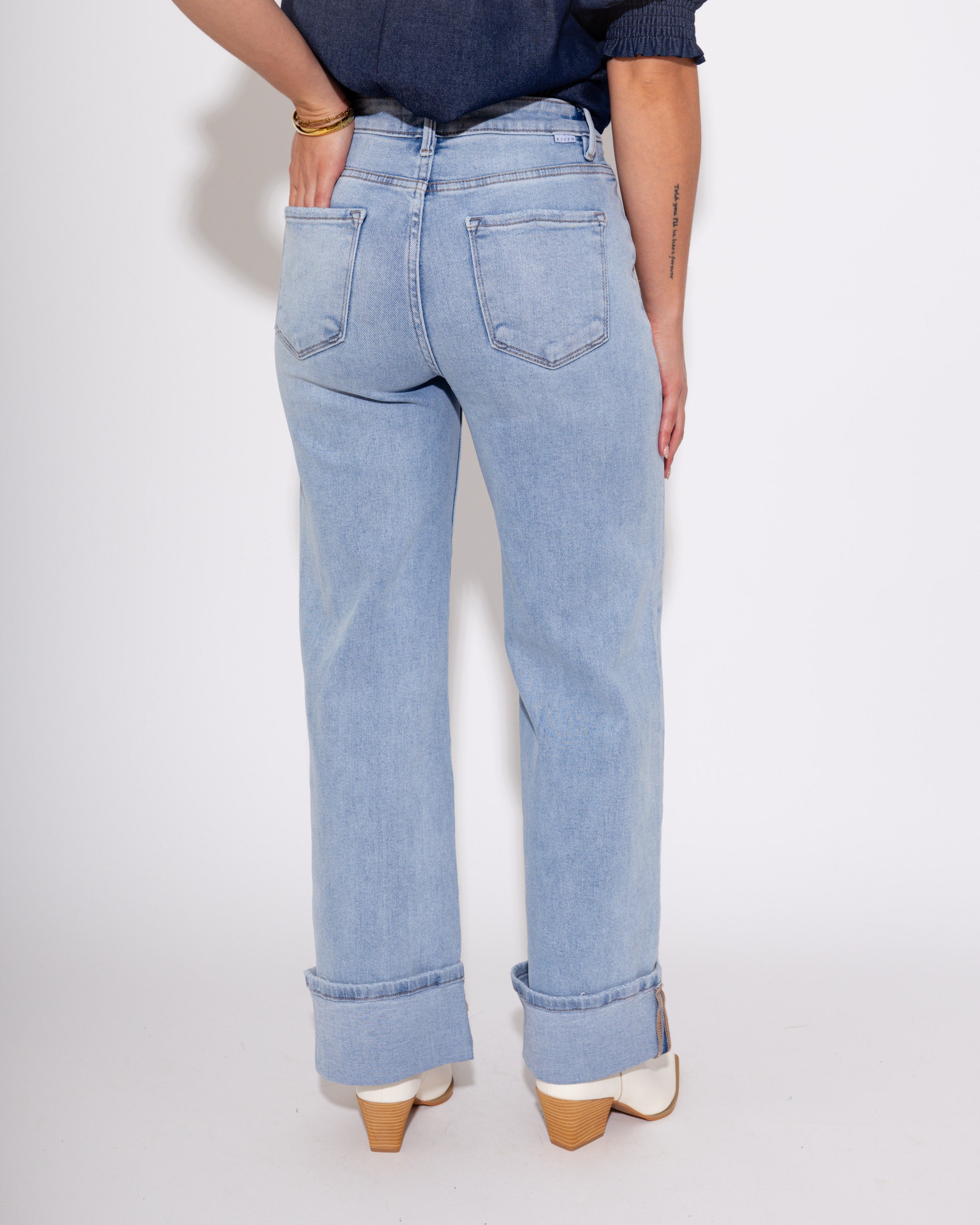 High Rise Ankle Wide Cuffed Jeans in Light