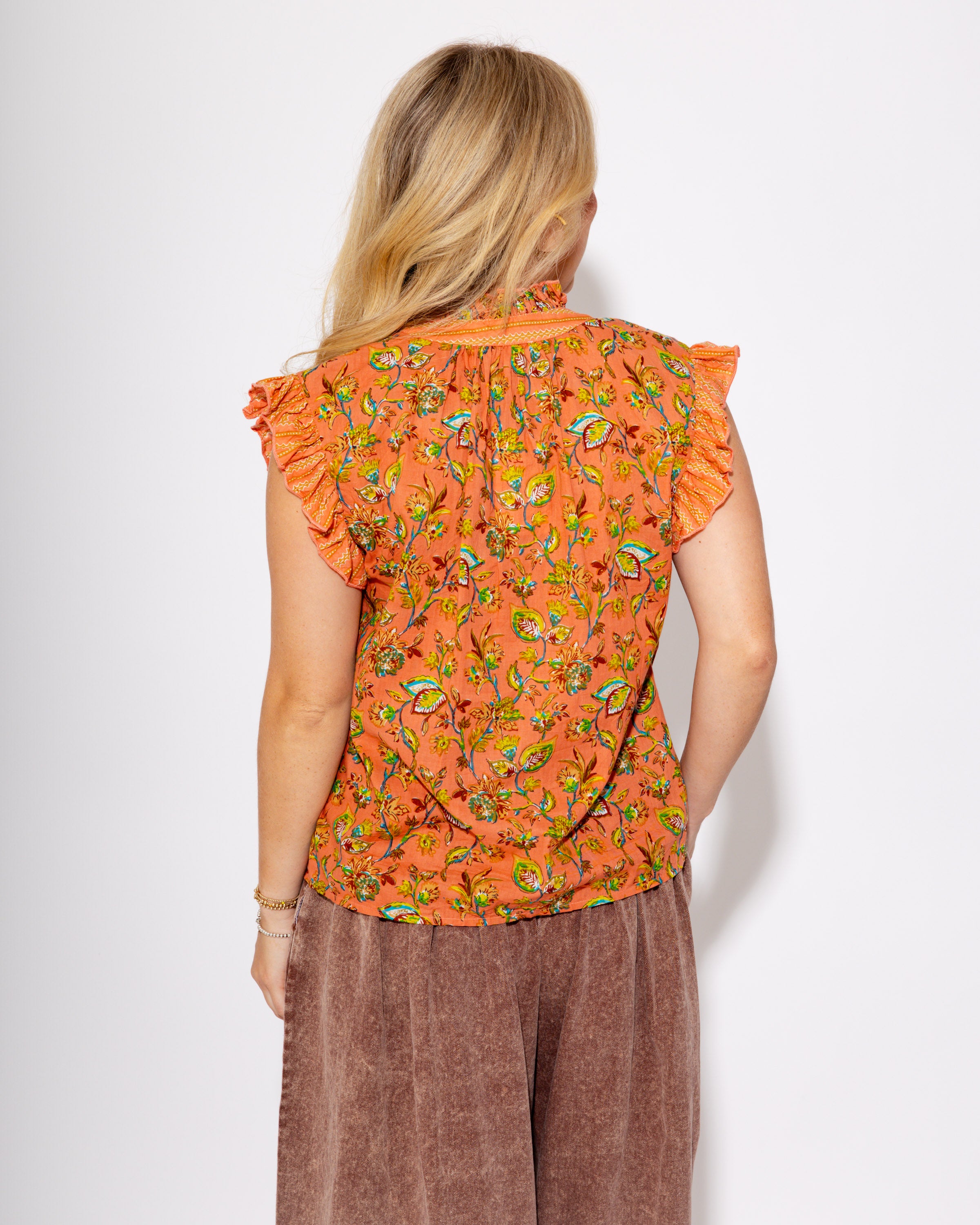 Coral Floral Crush Ruffle Top