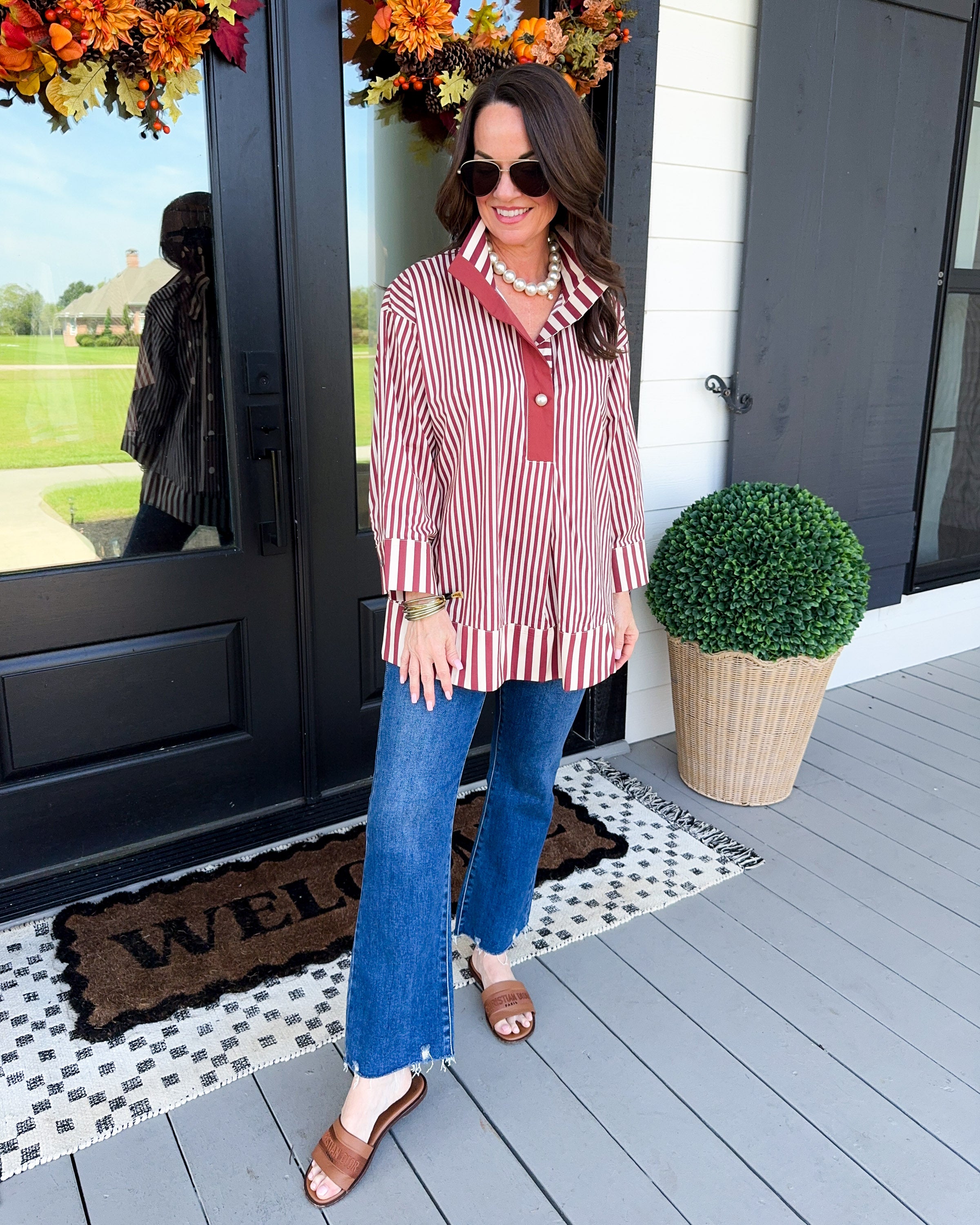Striped Pearl Accent Button Top in Burgundy