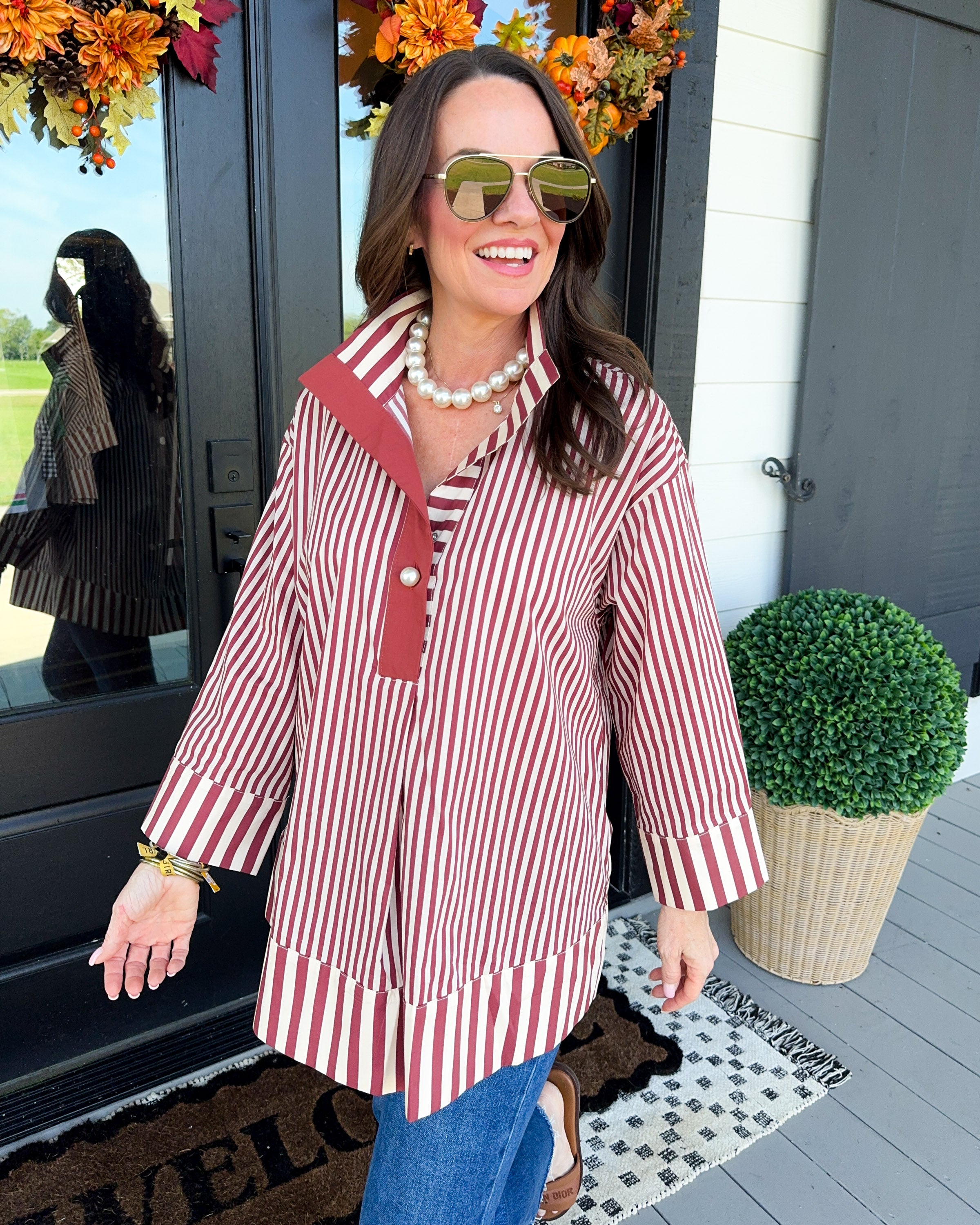 Striped Pearl Accent Button Top in Burgundy