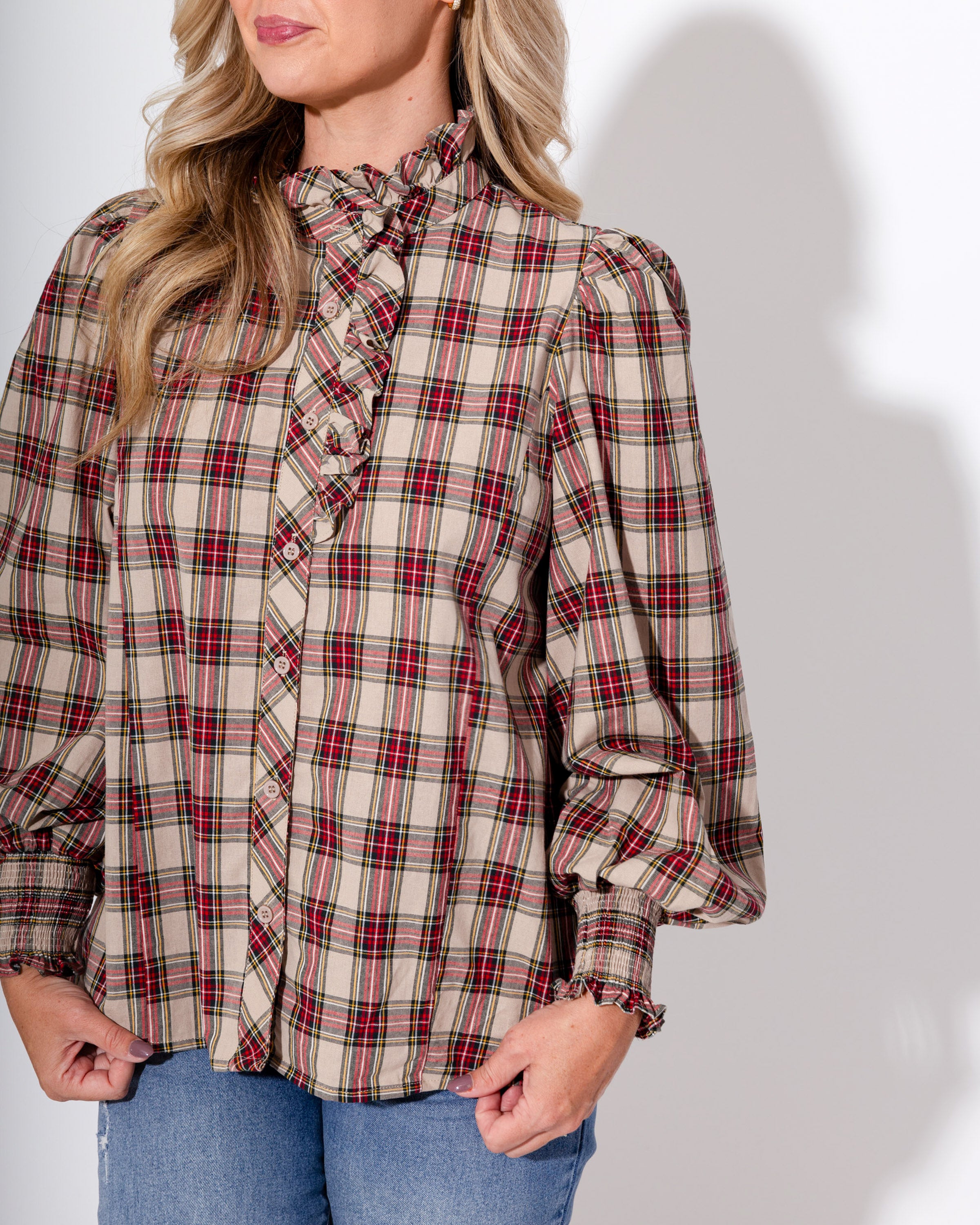 Smocked Cuff Plaid Top