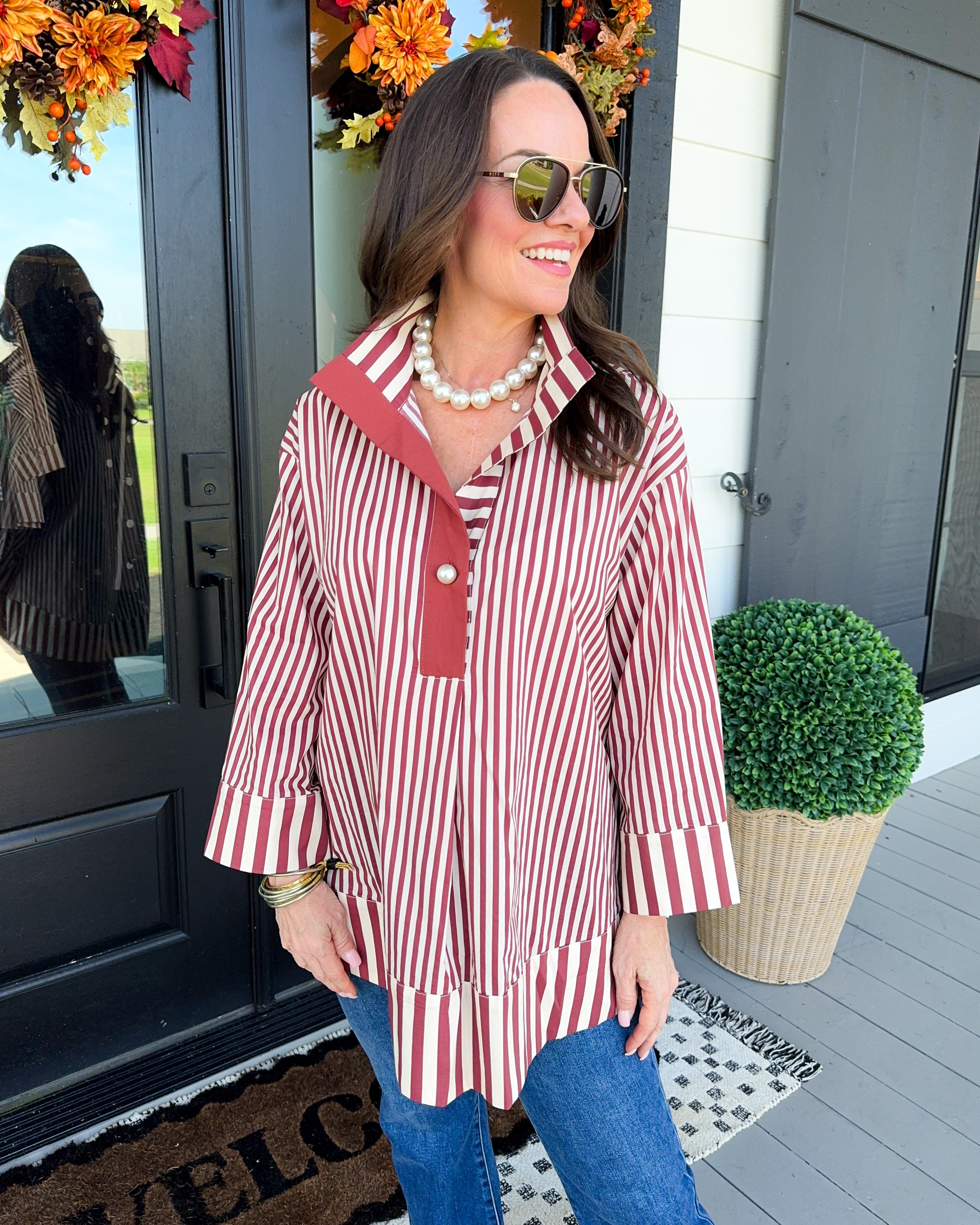 Striped Pearl Accent Button Top in Burgundy