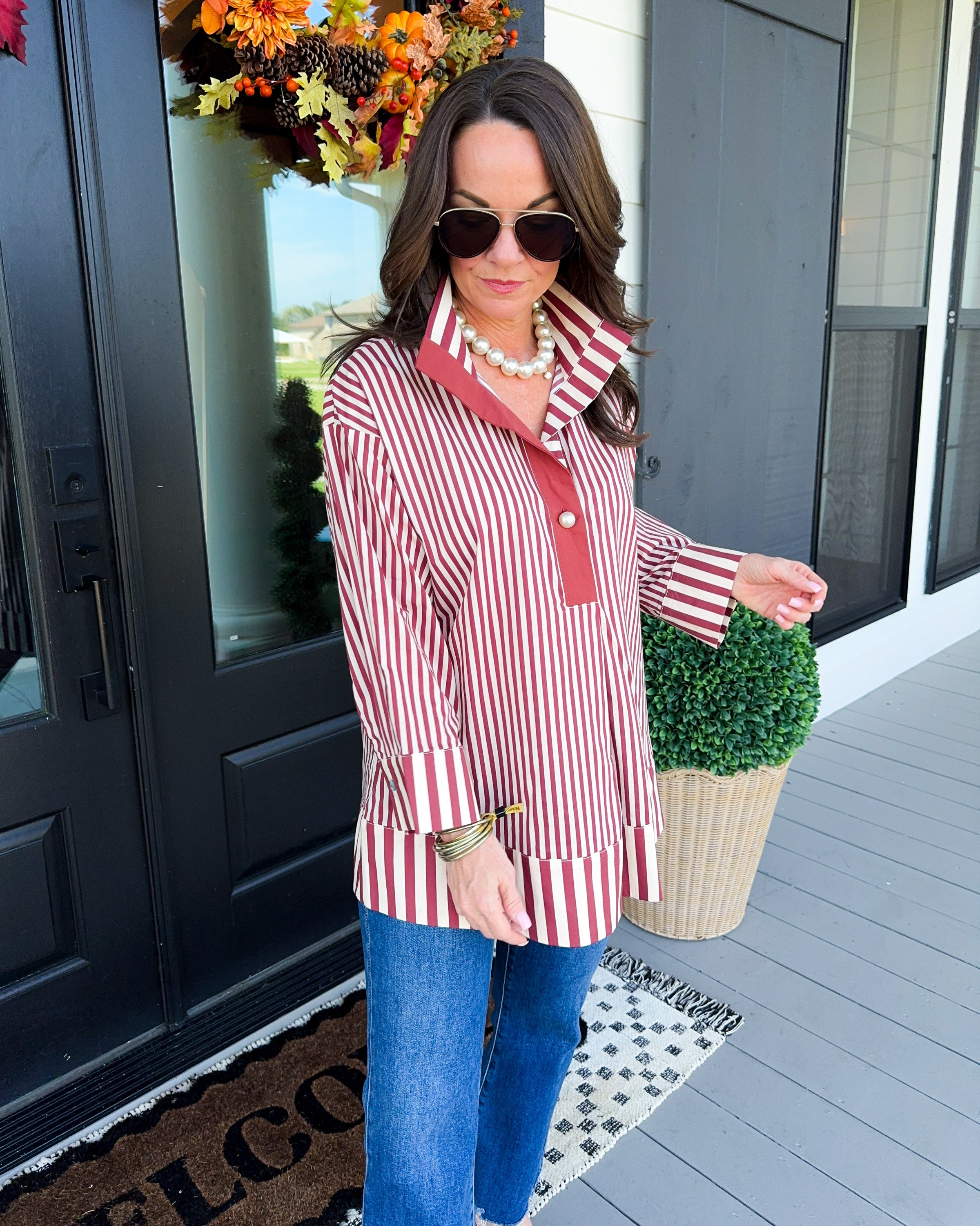 Striped Pearl Accent Button Top in Burgundy
