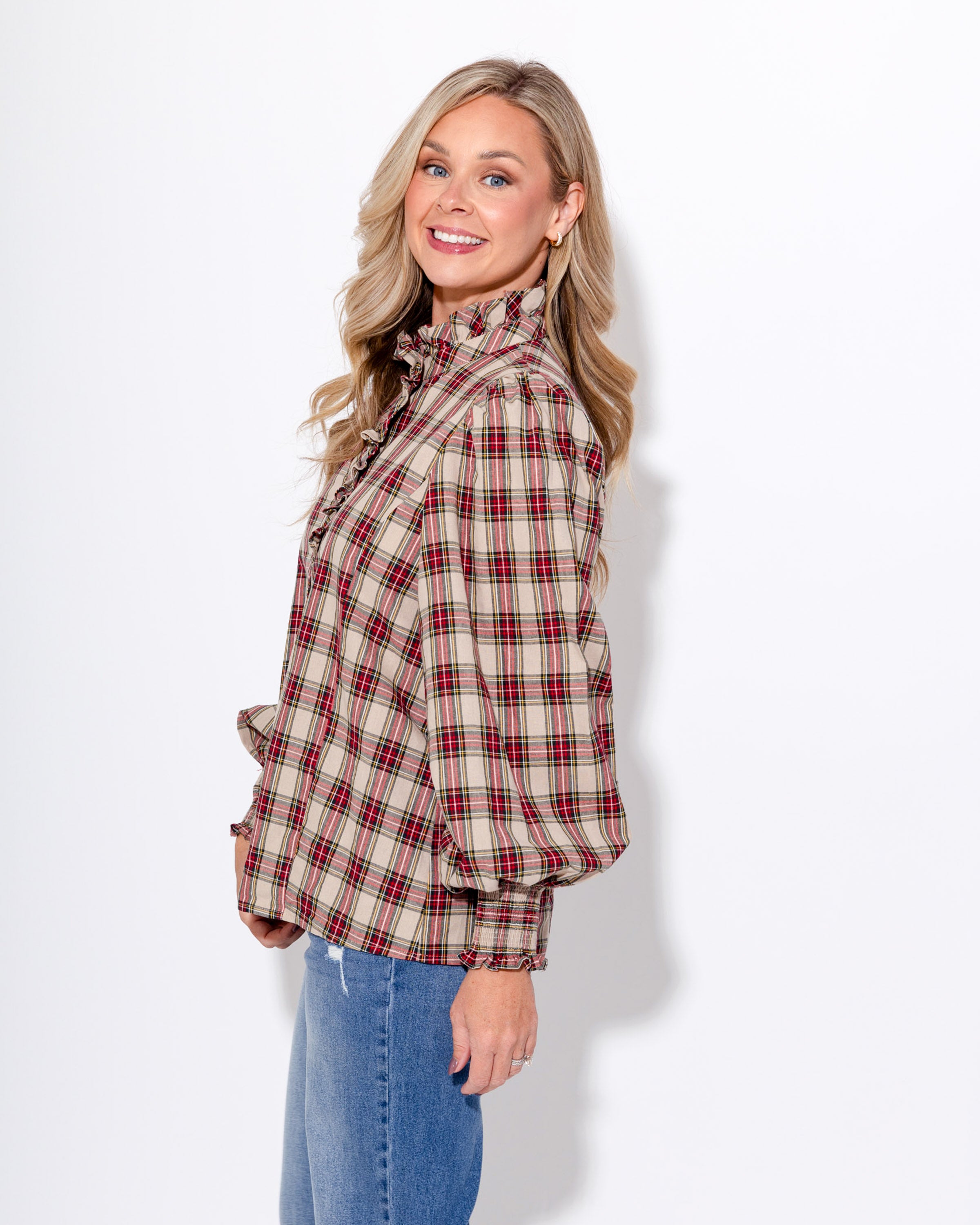 Smocked Cuff Plaid Top