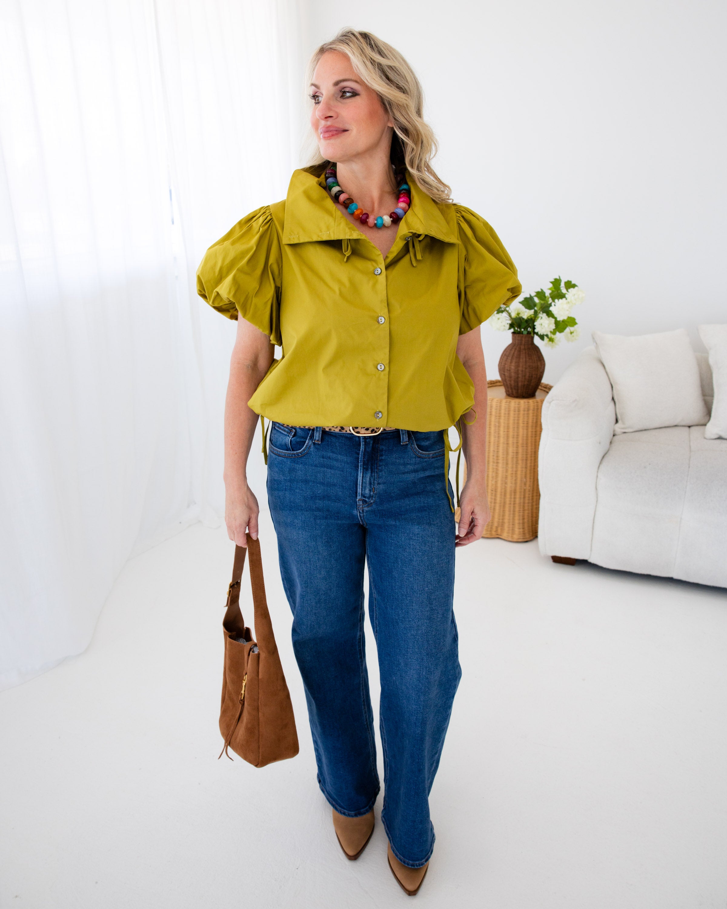 Olive Elastic Hem Tie Top