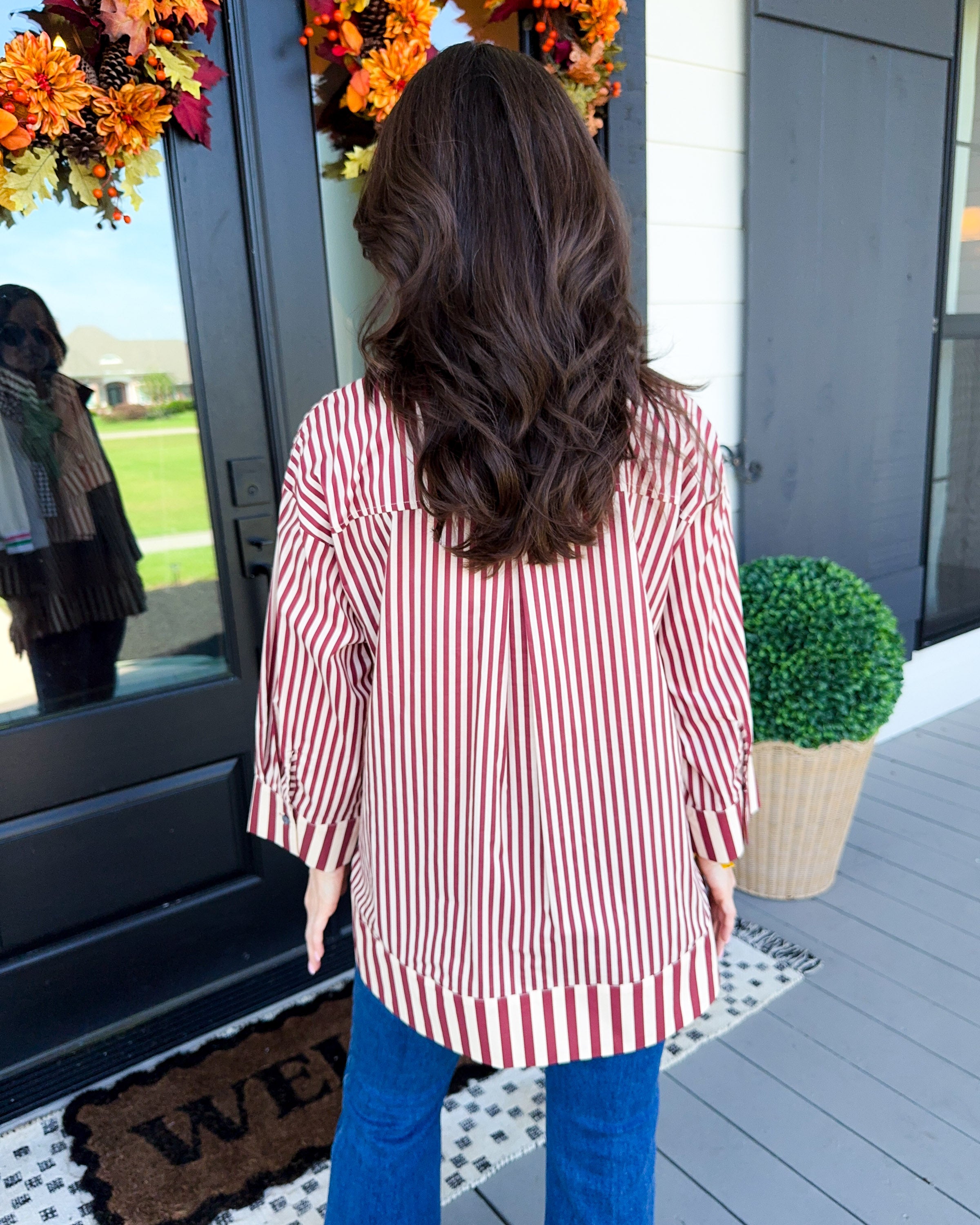 Striped Pearl Accent Button Top in Burgundy