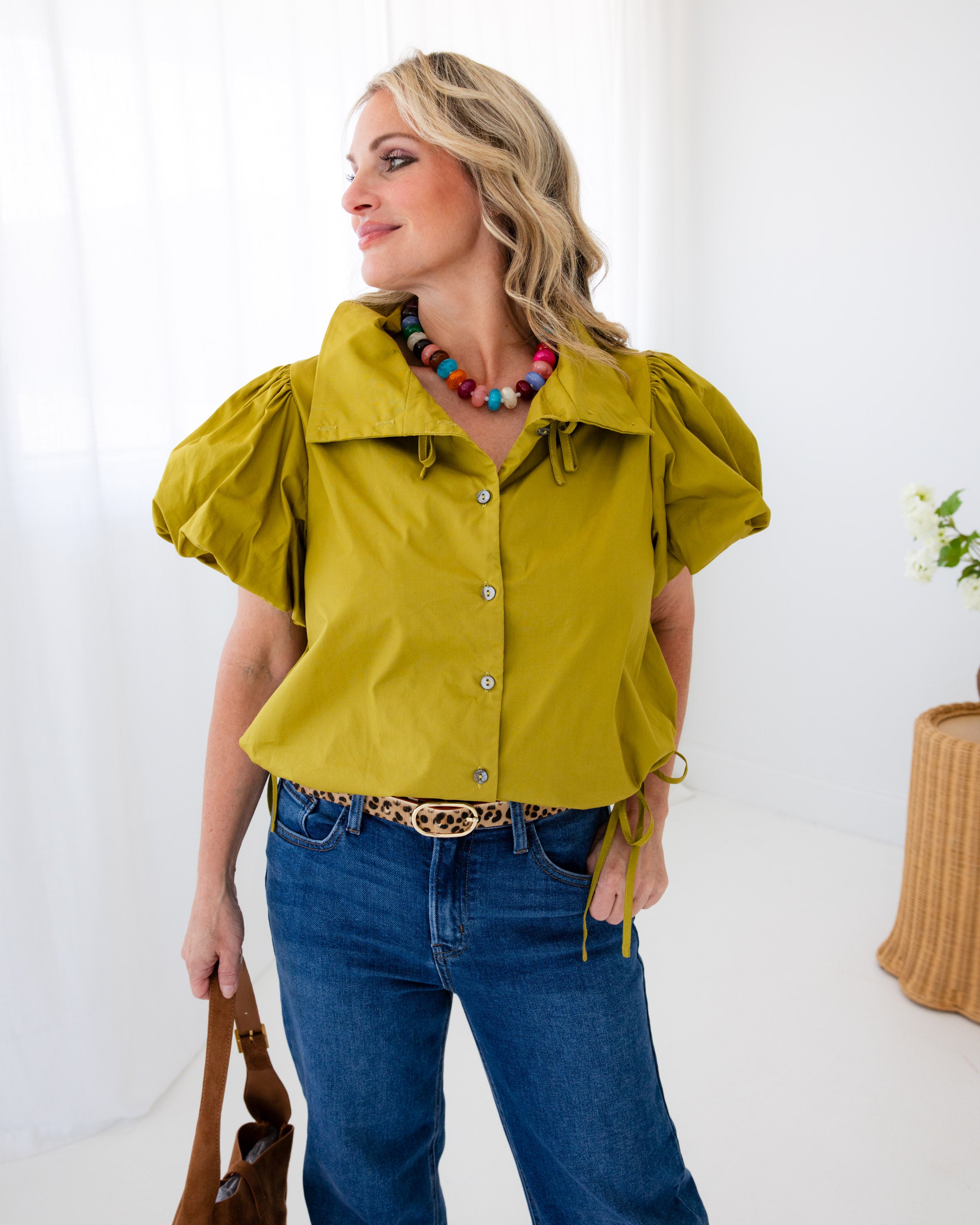 Olive Elastic Hem Tie Top