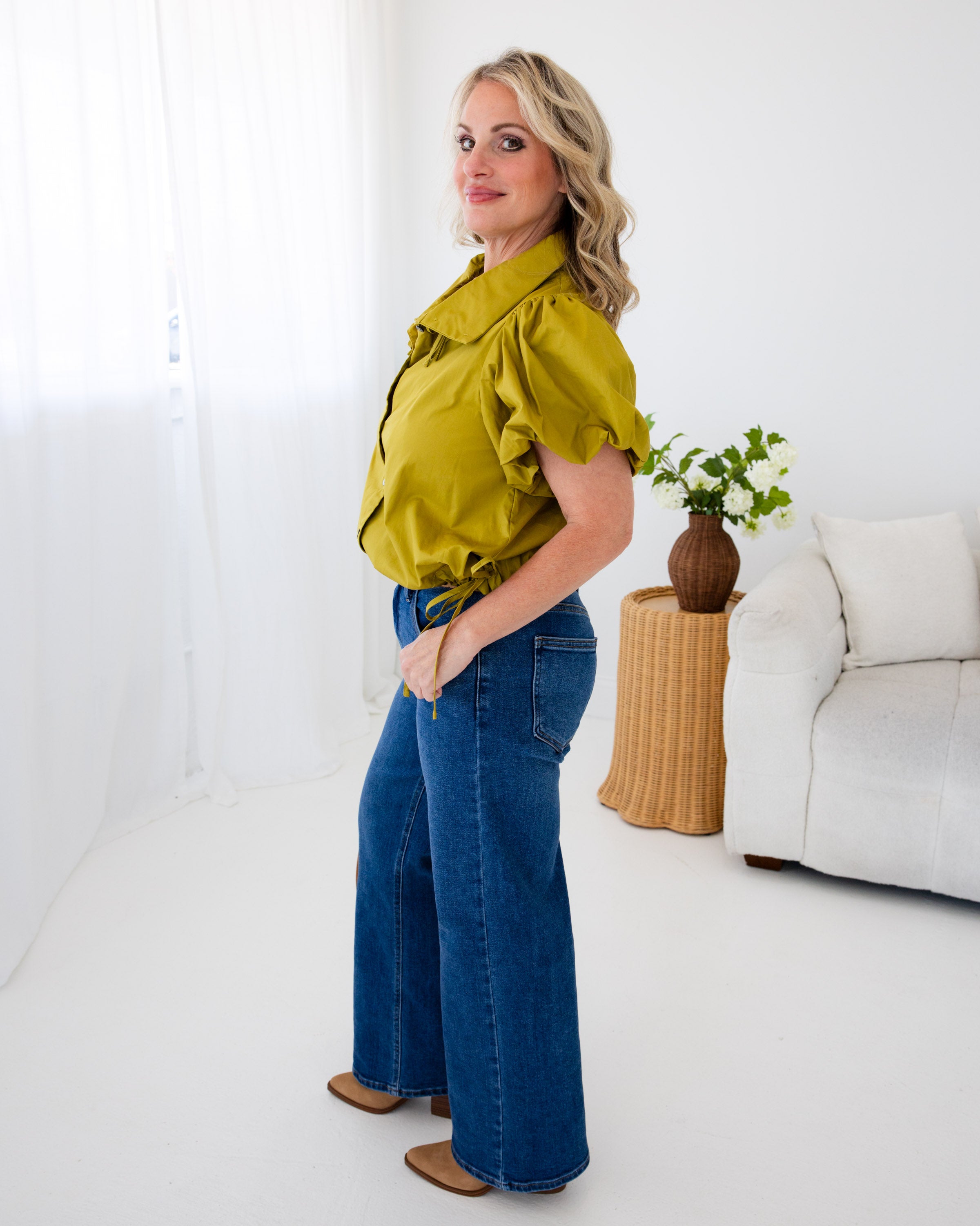 Olive Elastic Hem Tie Top