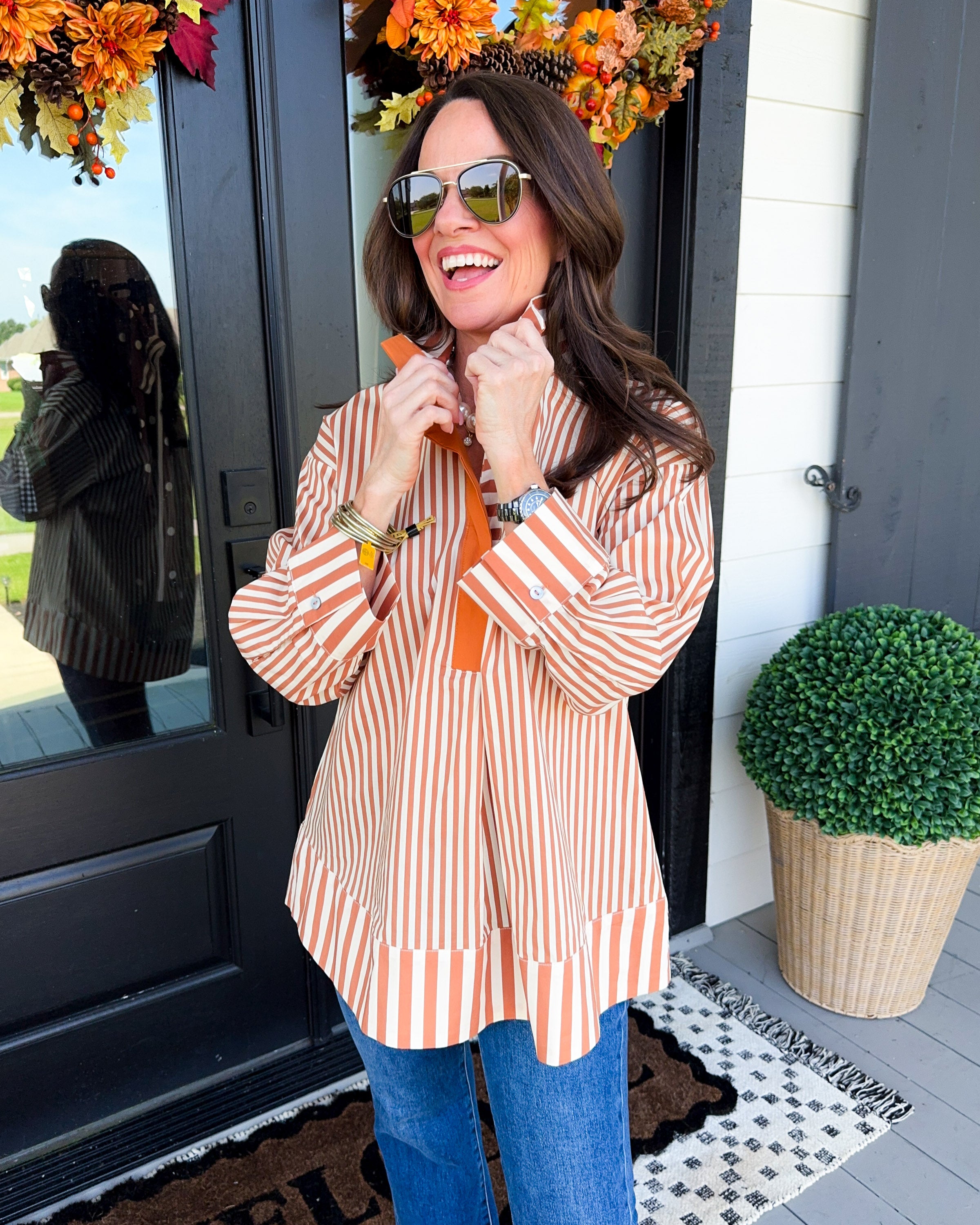 Striped Pearl Accent Button Top in Burnt Orange