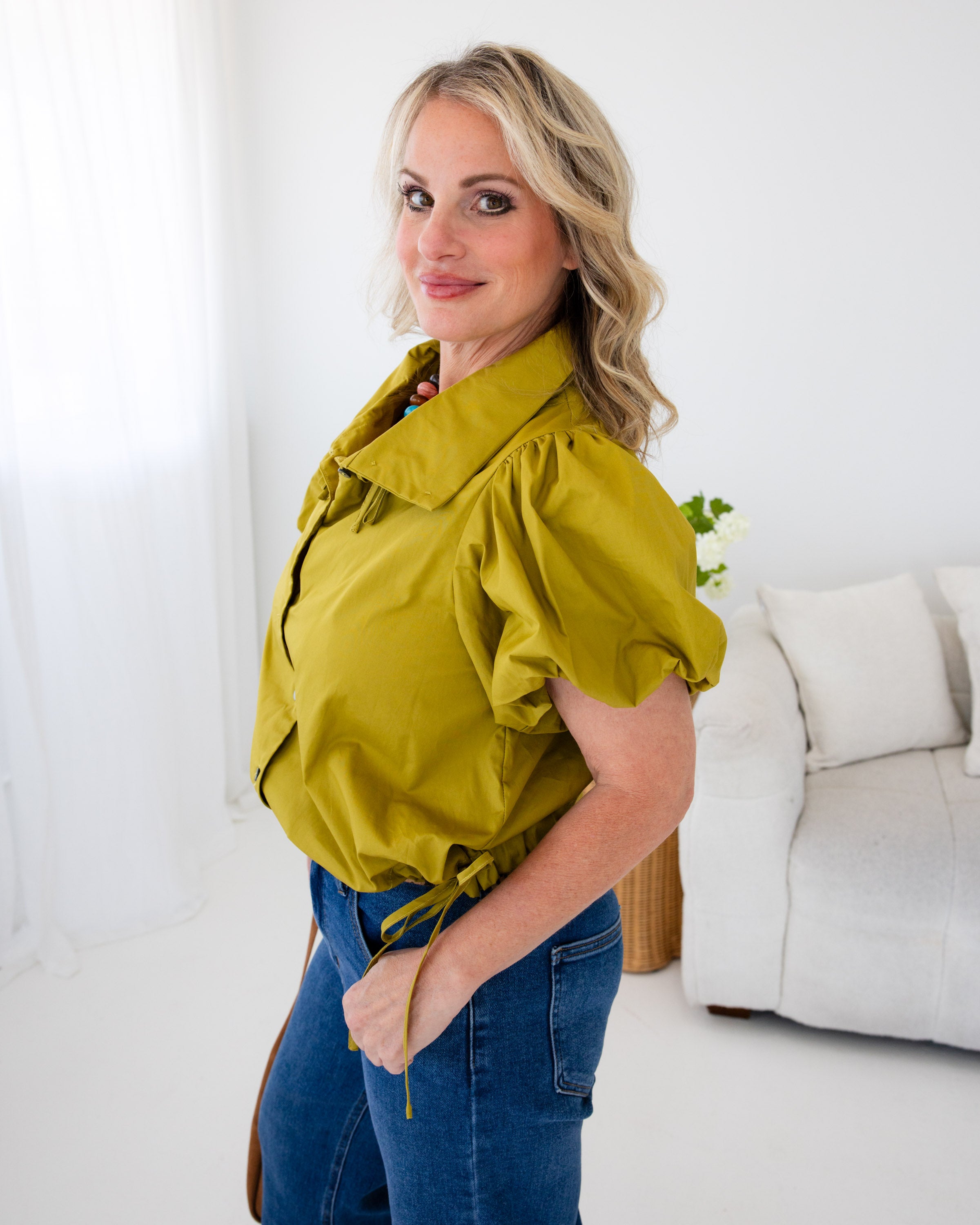 Olive Elastic Hem Tie Top