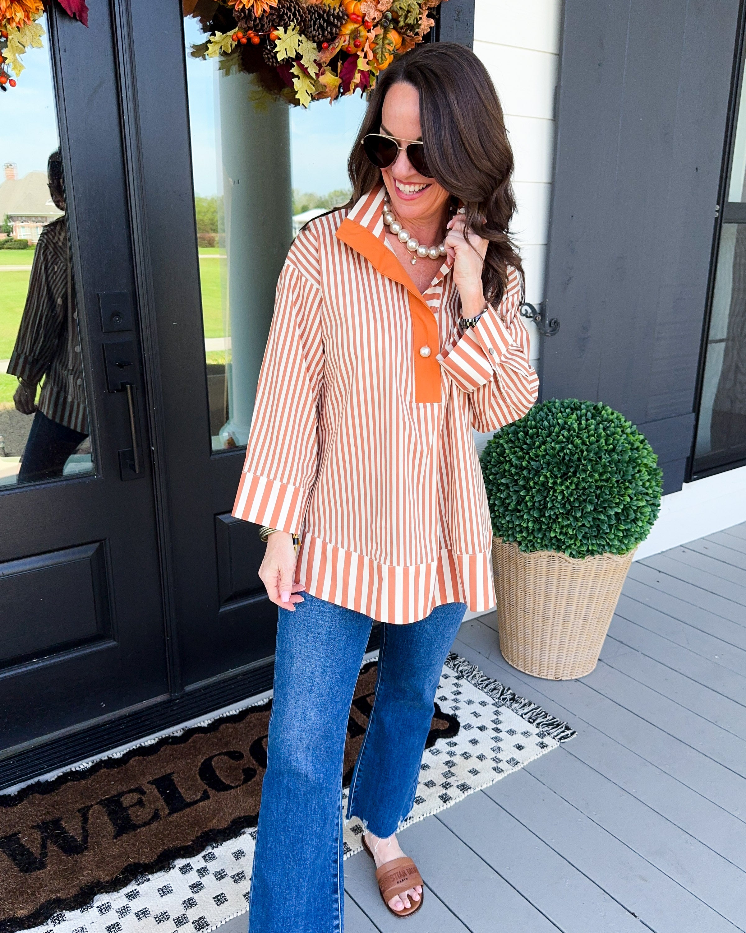 Striped Pearl Accent Button Top in Burnt Orange