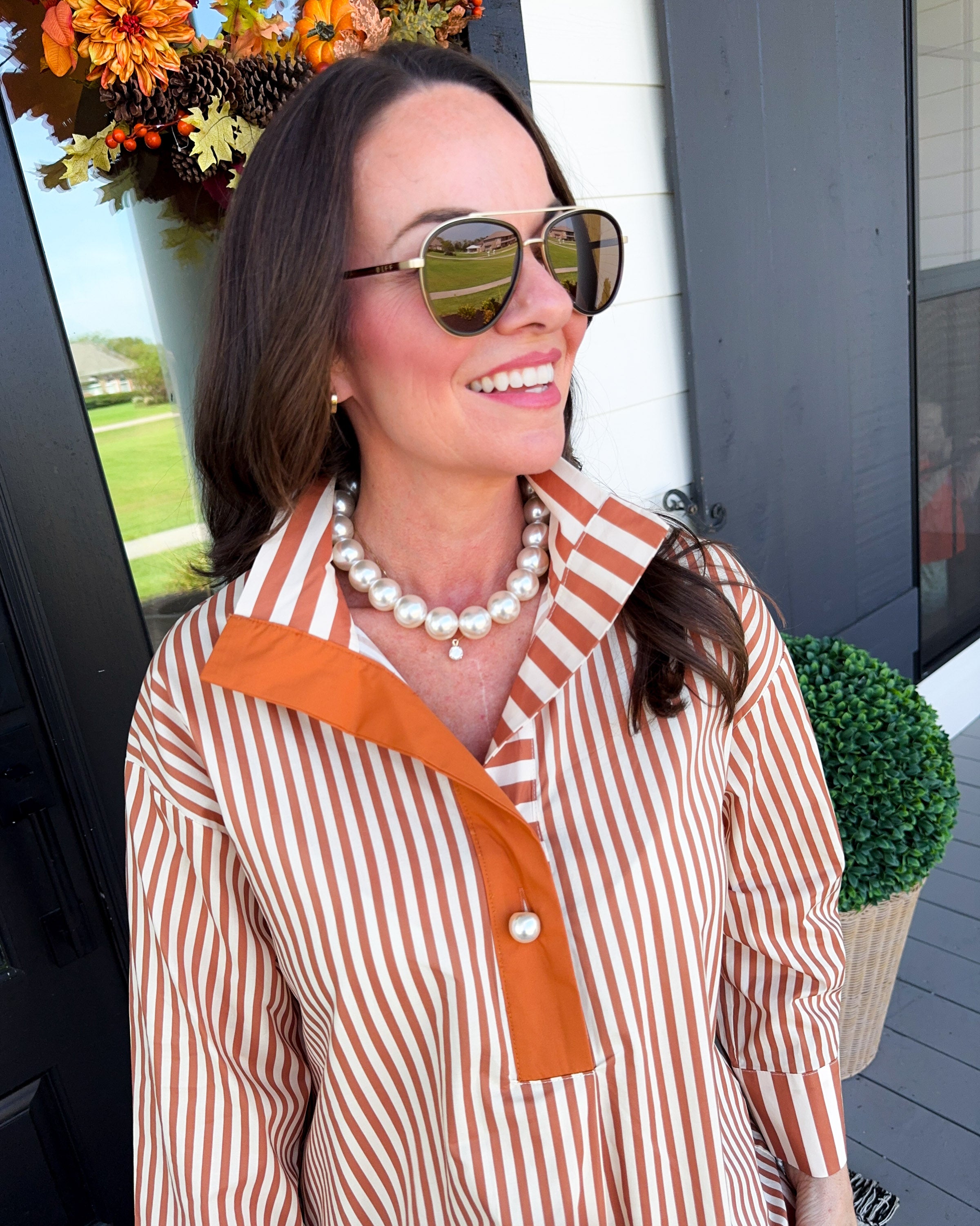 Striped Pearl Accent Button Top in Burnt Orange