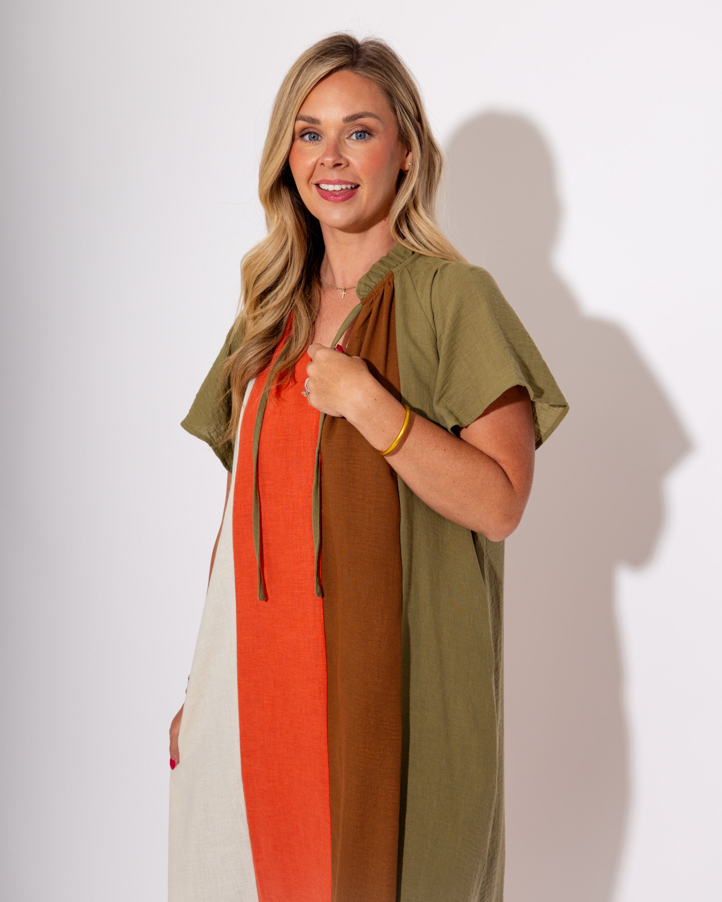 Color Block Stripes & Tie Midi Dress