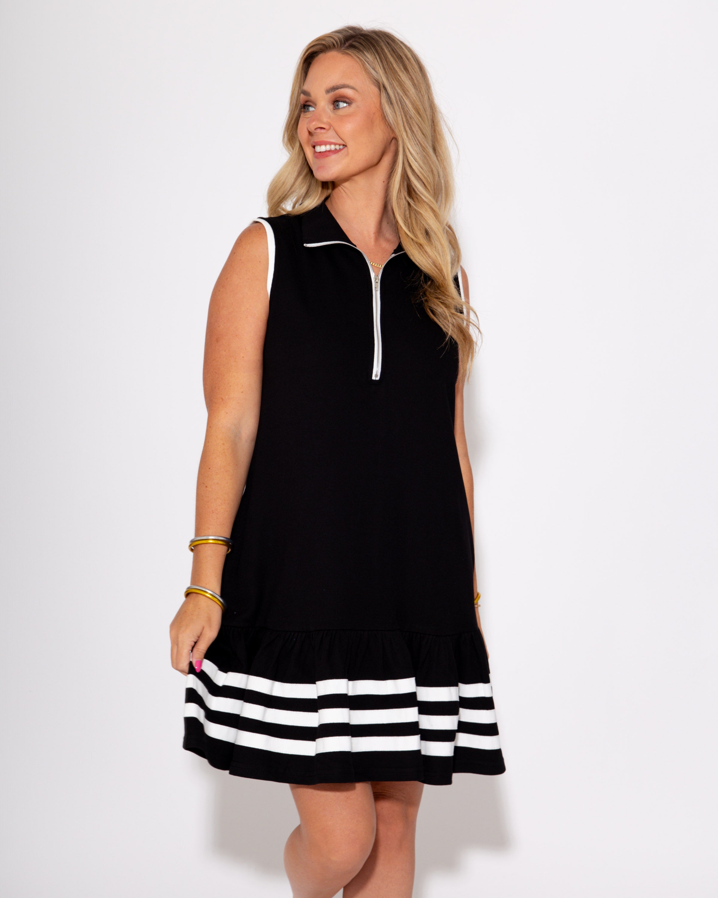 Game Day Contrast Half Zip Mini Dress in Black