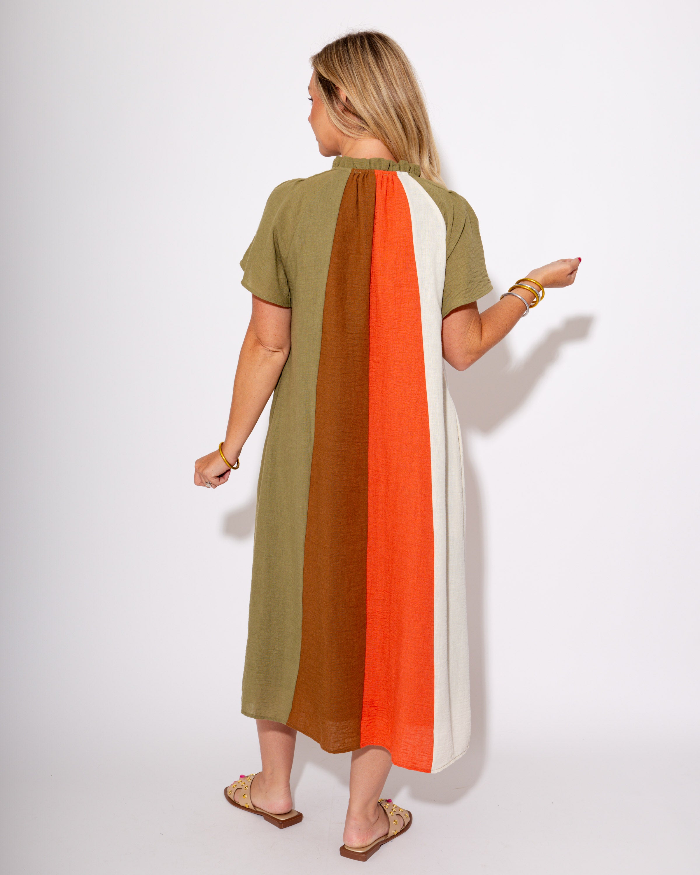 Color Block Stripes & Tie Midi Dress