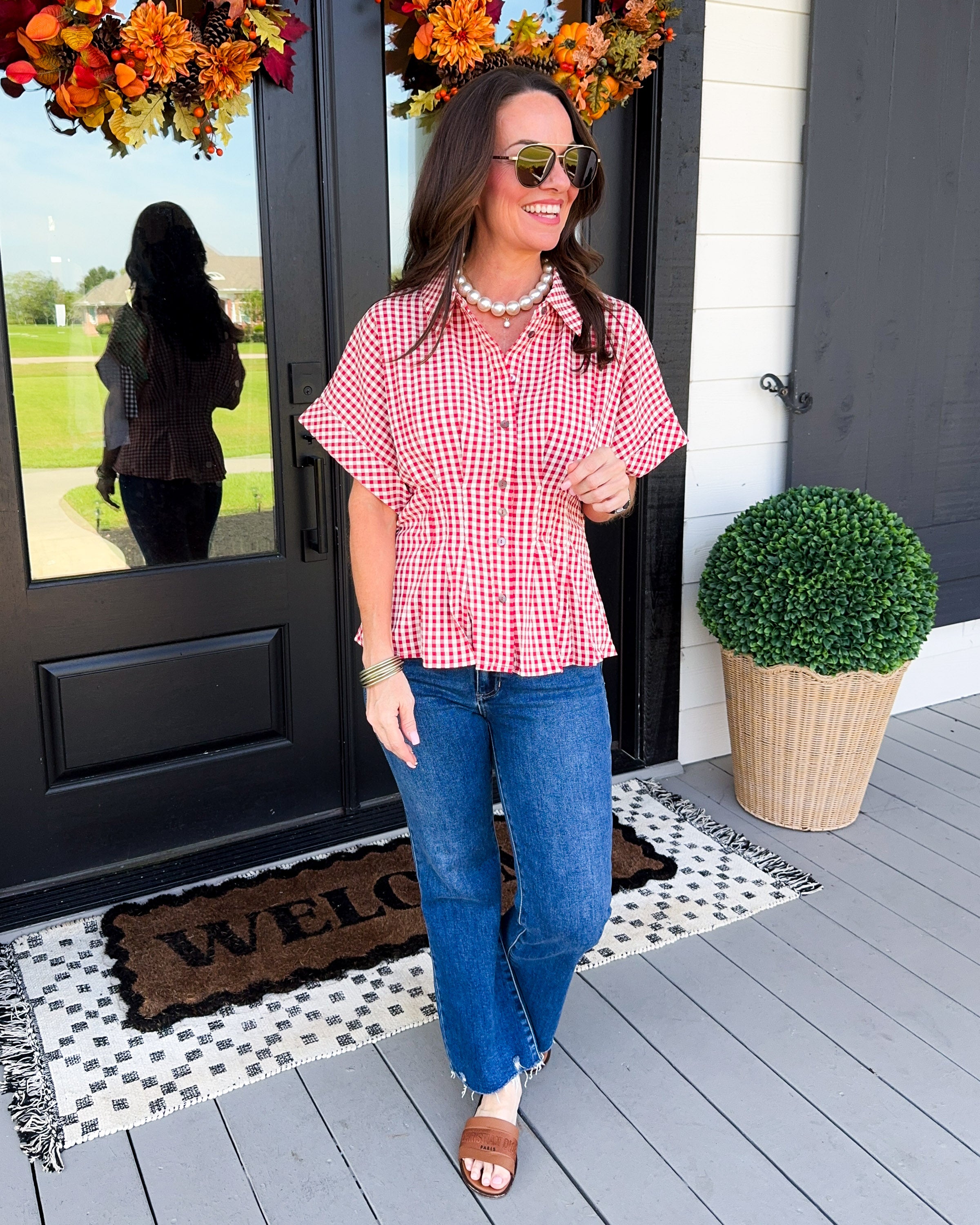 Gingham Grace Pleated Top in Red