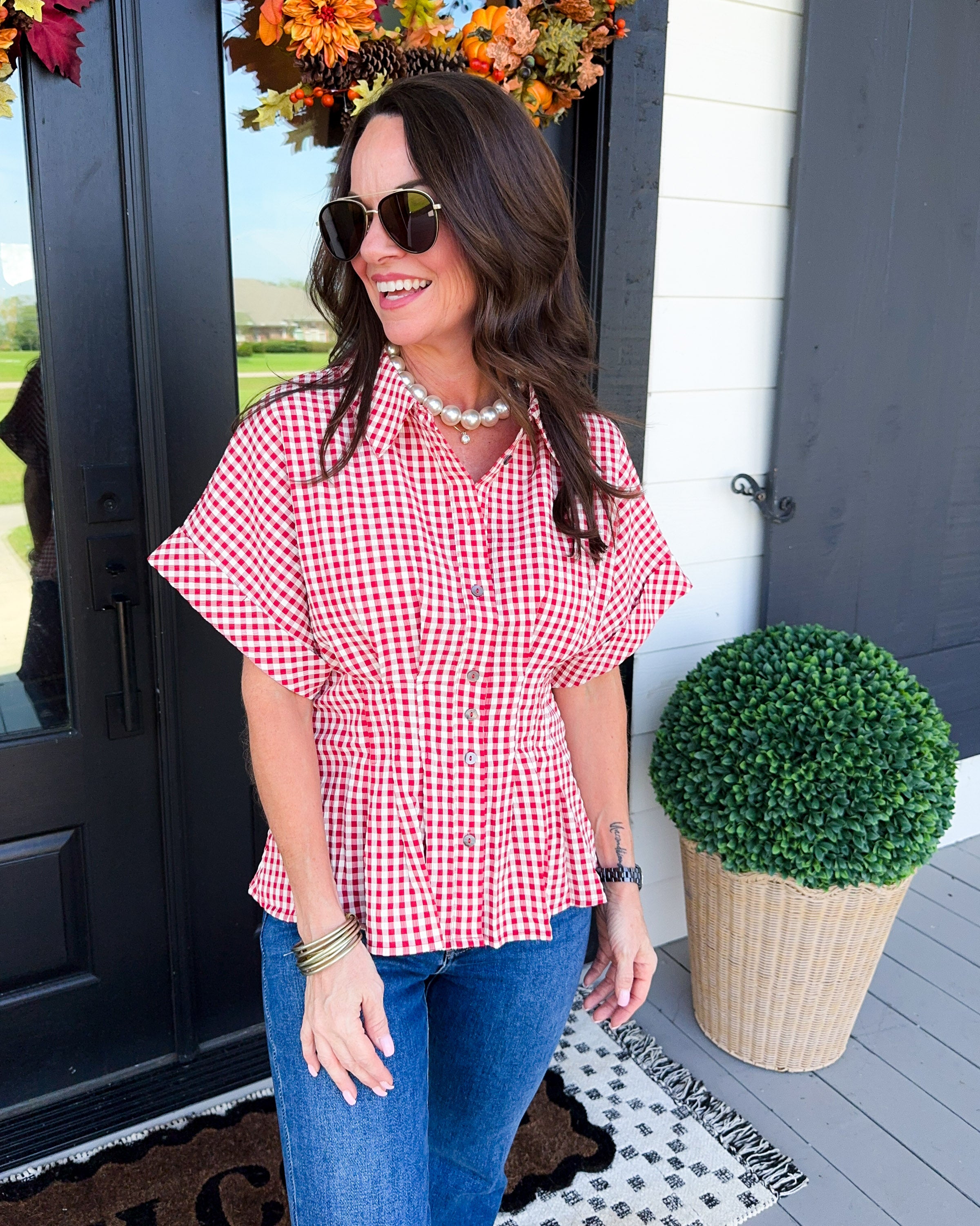 Gingham Grace Pleated Top in Red