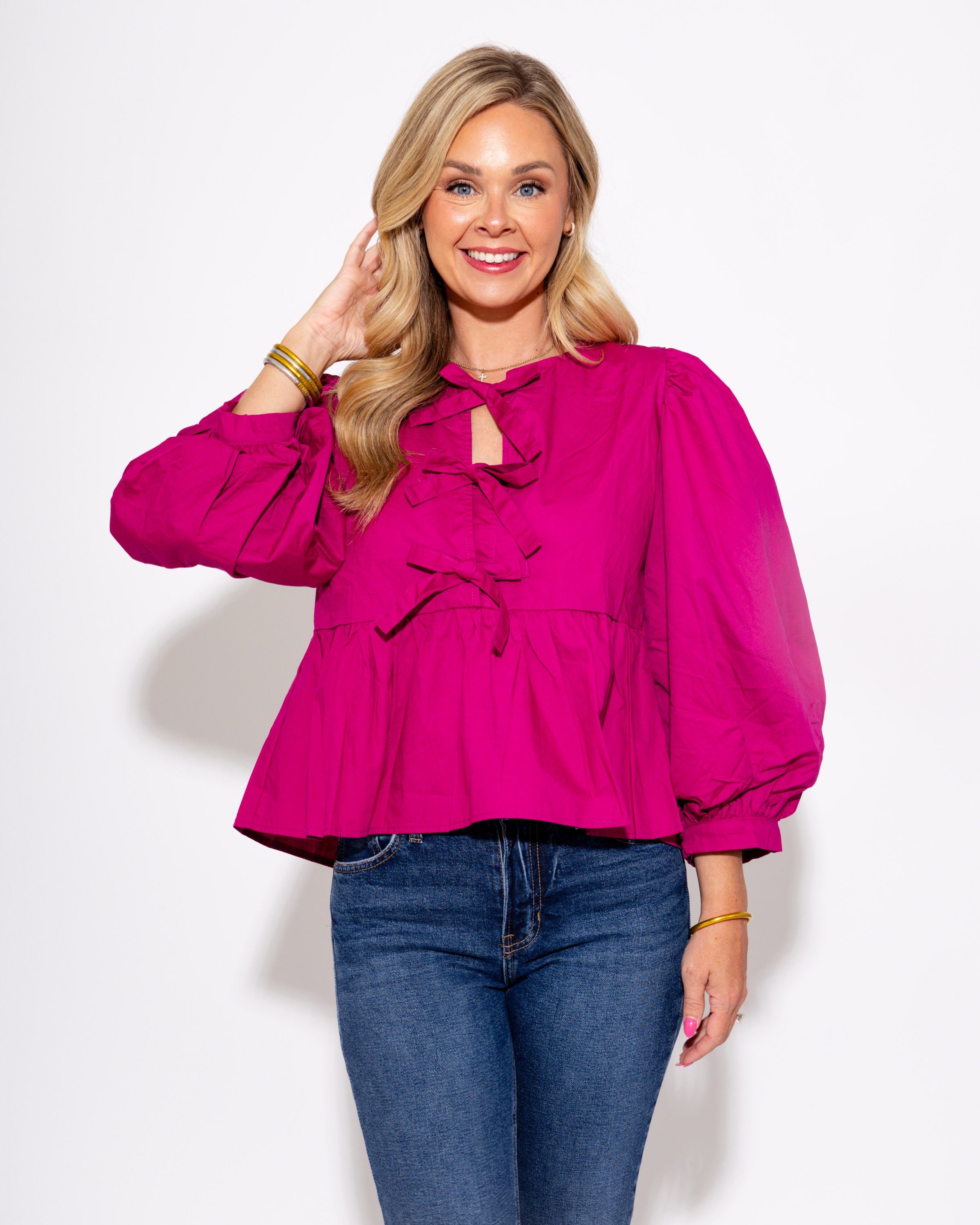 Peplum Poise Bow Top in Magenta