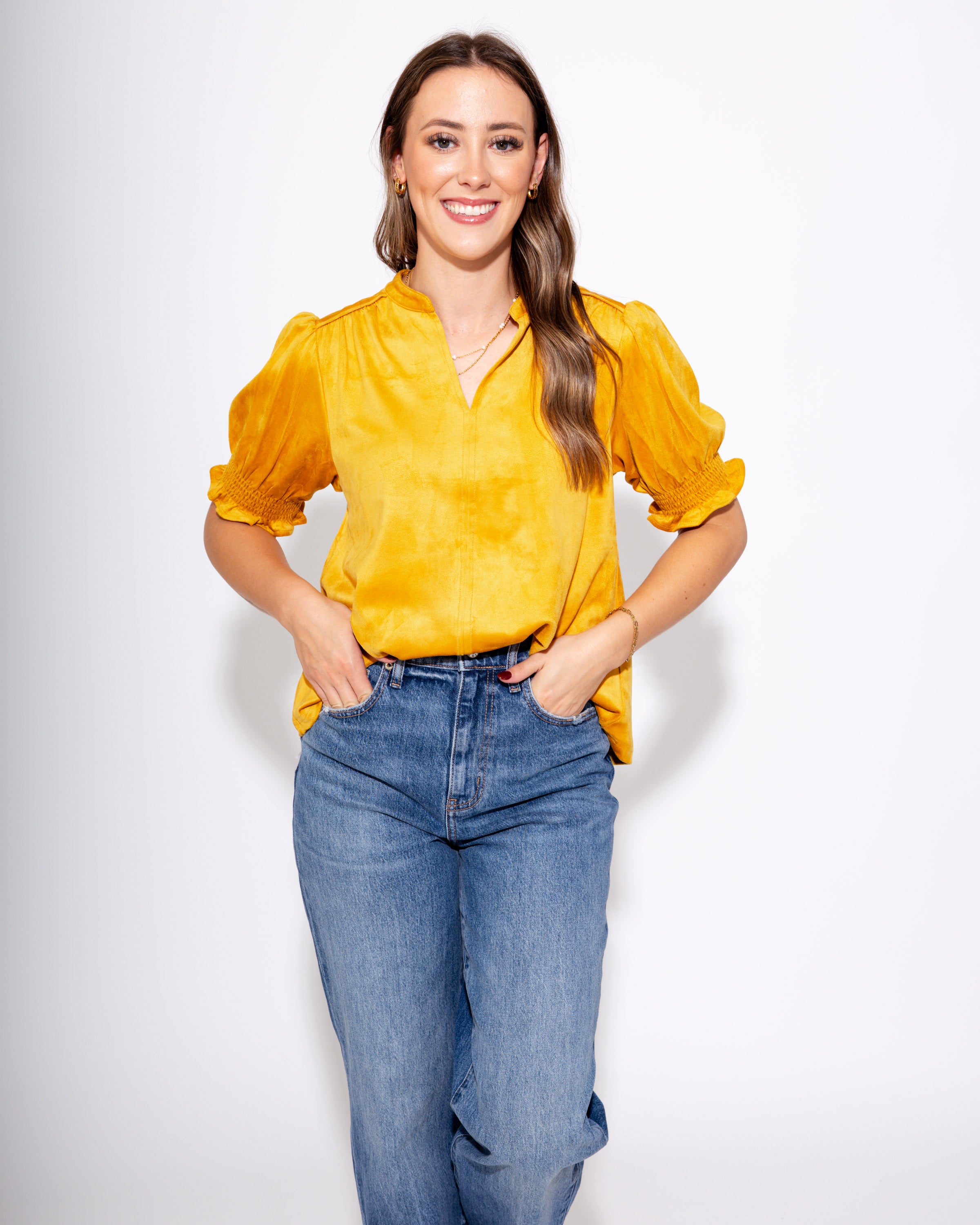 Ivy Jane | Suede Puff Sleeve Top in Gold